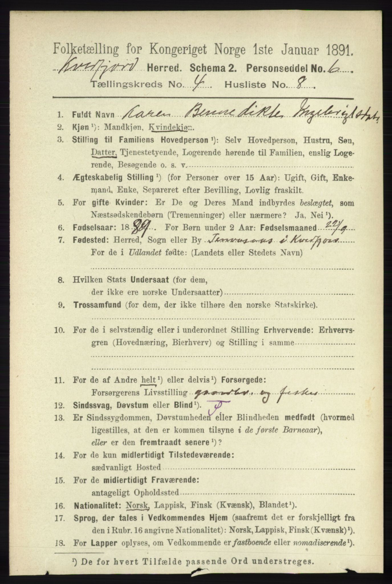 RA, 1891 census for 1911 Kvæfjord, 1891, p. 1937