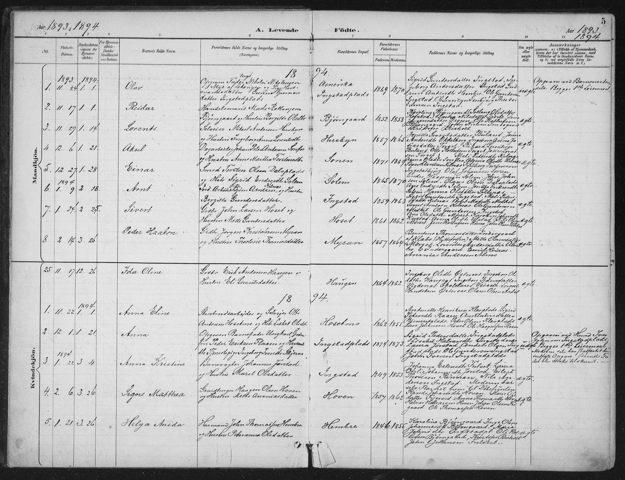 Ministerialprotokoller, klokkerbøker og fødselsregistre - Nord-Trøndelag, SAT/A-1458/703/L0031: Parish register (official) no. 703A04, 1893-1914, p. 5