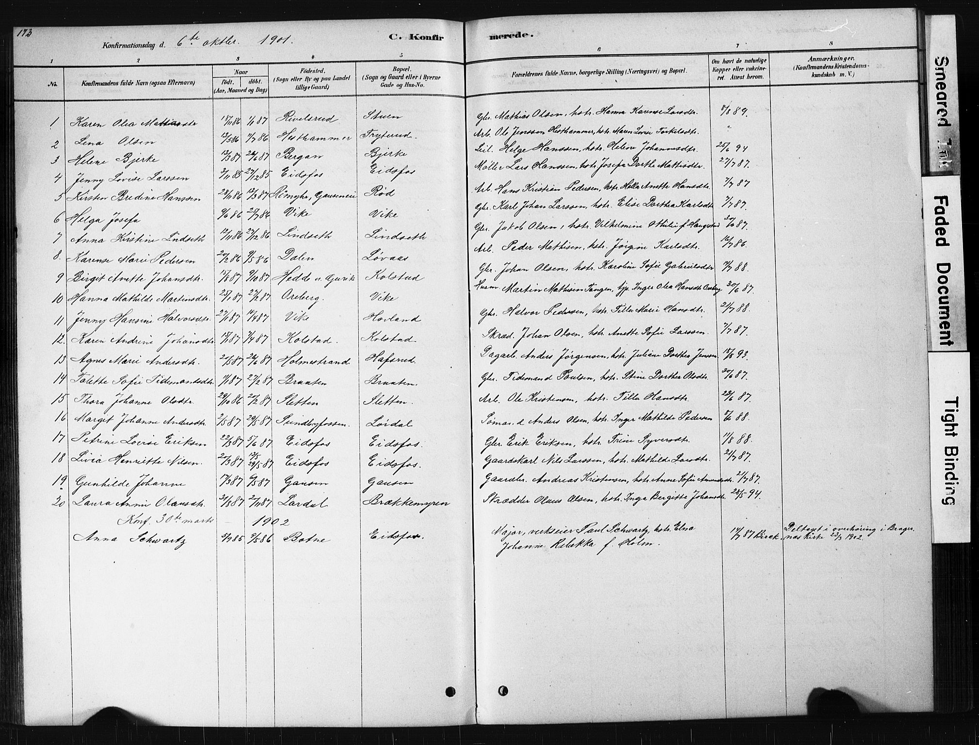 Hof kirkebøker, SAKO/A-64/G/Ga/L0004: Parish register (copy) no. I 4, 1878-1930, p. 173