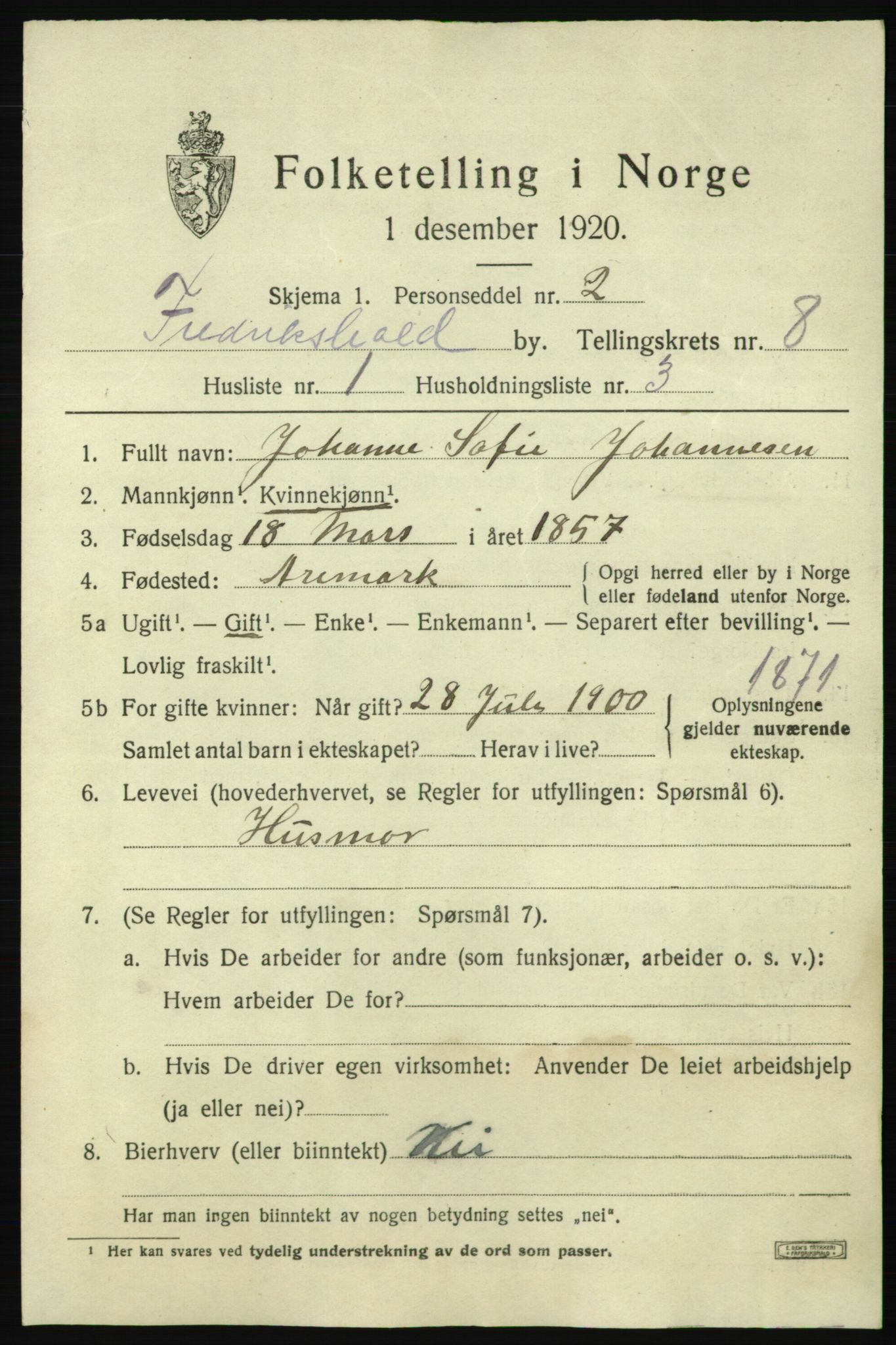 SAO, 1920 census for Fredrikshald, 1920, p. 14623