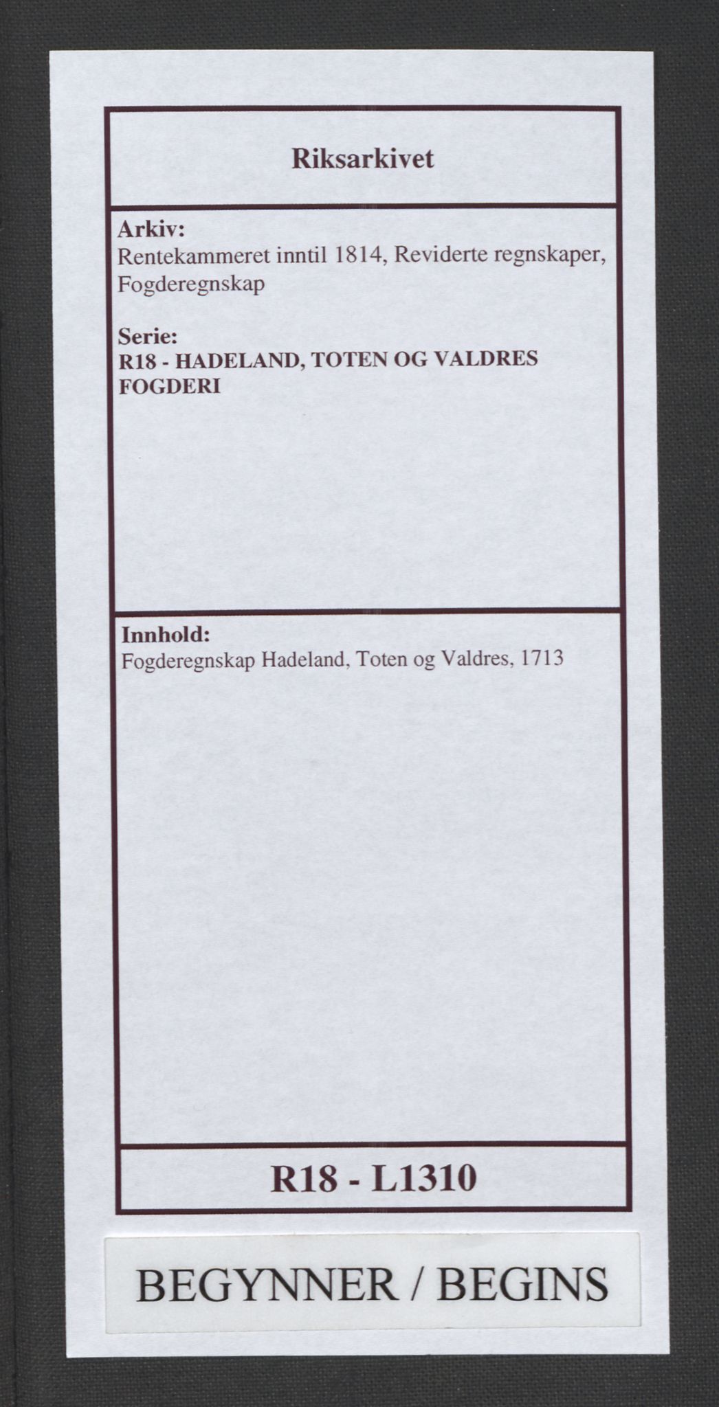 Rentekammeret inntil 1814, Reviderte regnskaper, Fogderegnskap, AV/RA-EA-4092/R18/L1310: Fogderegnskap Hadeland, Toten og Valdres, 1713, p. 1