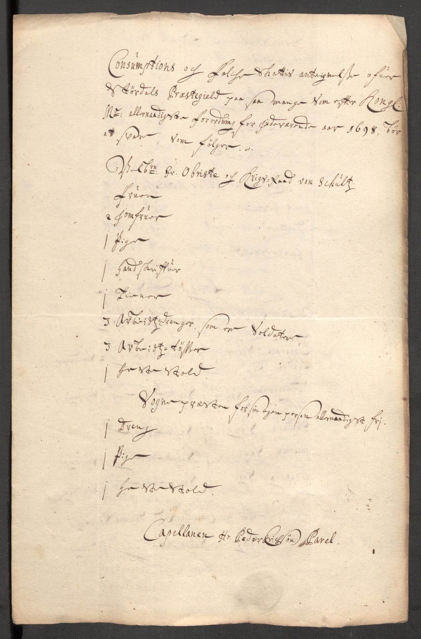 Rentekammeret inntil 1814, Reviderte regnskaper, Fogderegnskap, RA/EA-4092/R62/L4190: Fogderegnskap Stjørdal og Verdal, 1698, p. 190