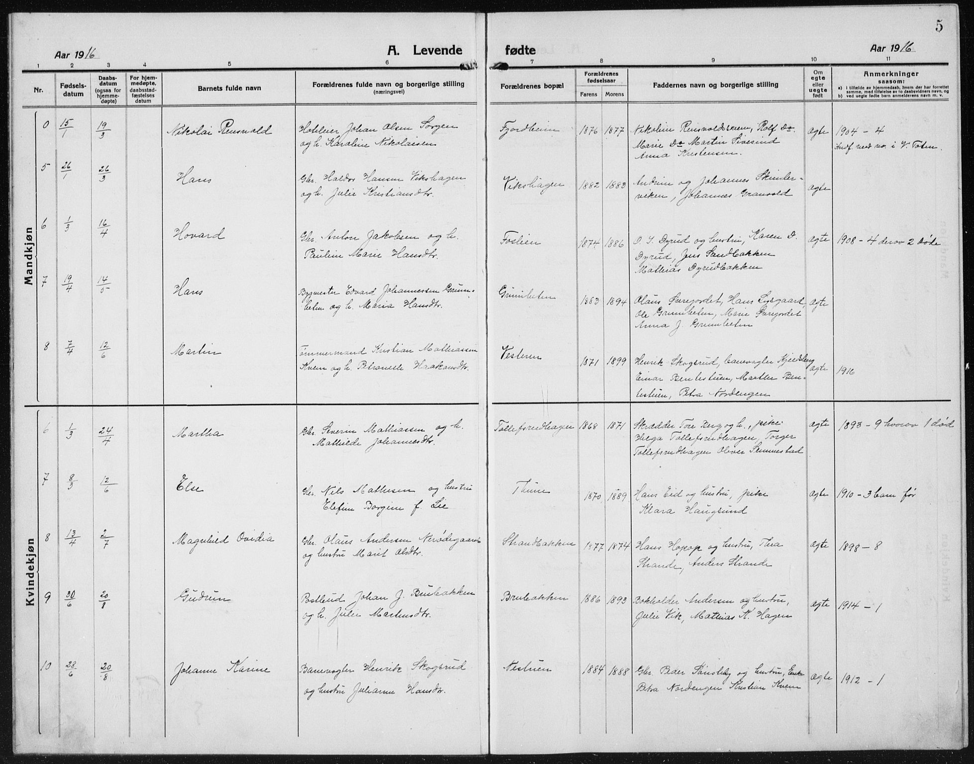 Kolbu prestekontor, AV/SAH-PREST-110/H/Ha/Hab/L0006: Parish register (copy) no. 6, 1916-1934, p. 5