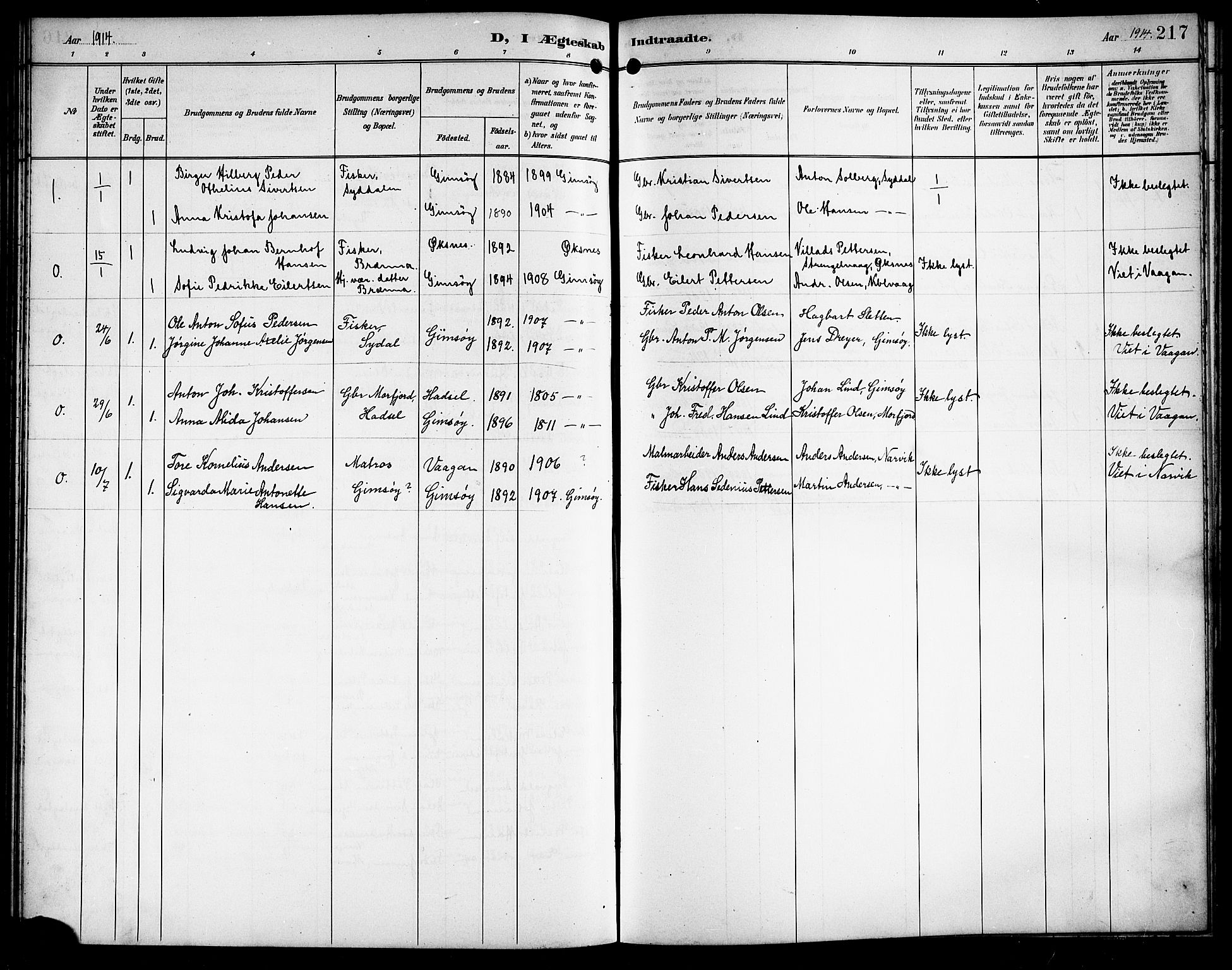 Ministerialprotokoller, klokkerbøker og fødselsregistre - Nordland, AV/SAT-A-1459/876/L1105: Parish register (copy) no. 876C04, 1896-1914, p. 217