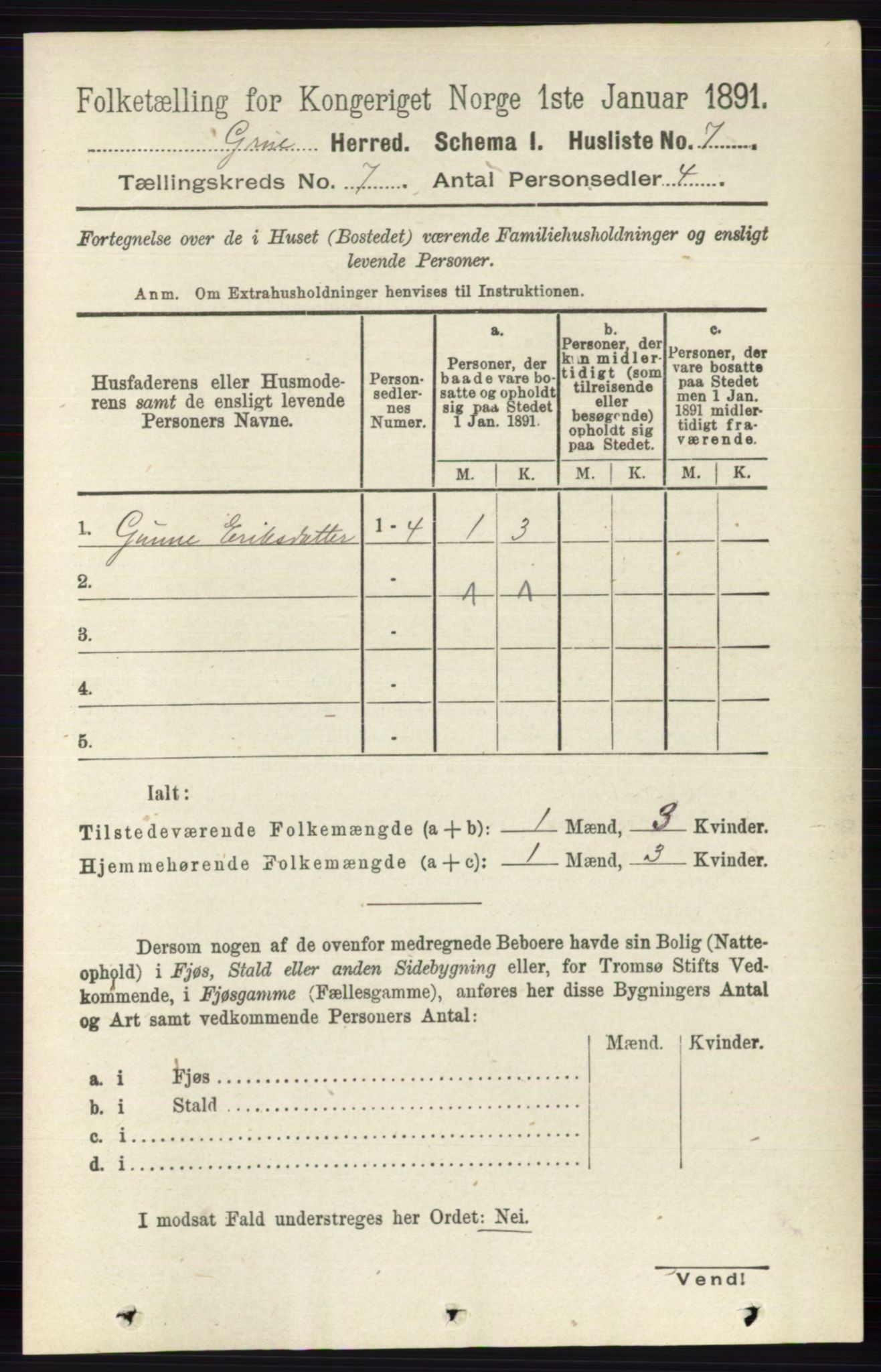 RA, 1891 census for 0423 Grue, 1891, p. 3455