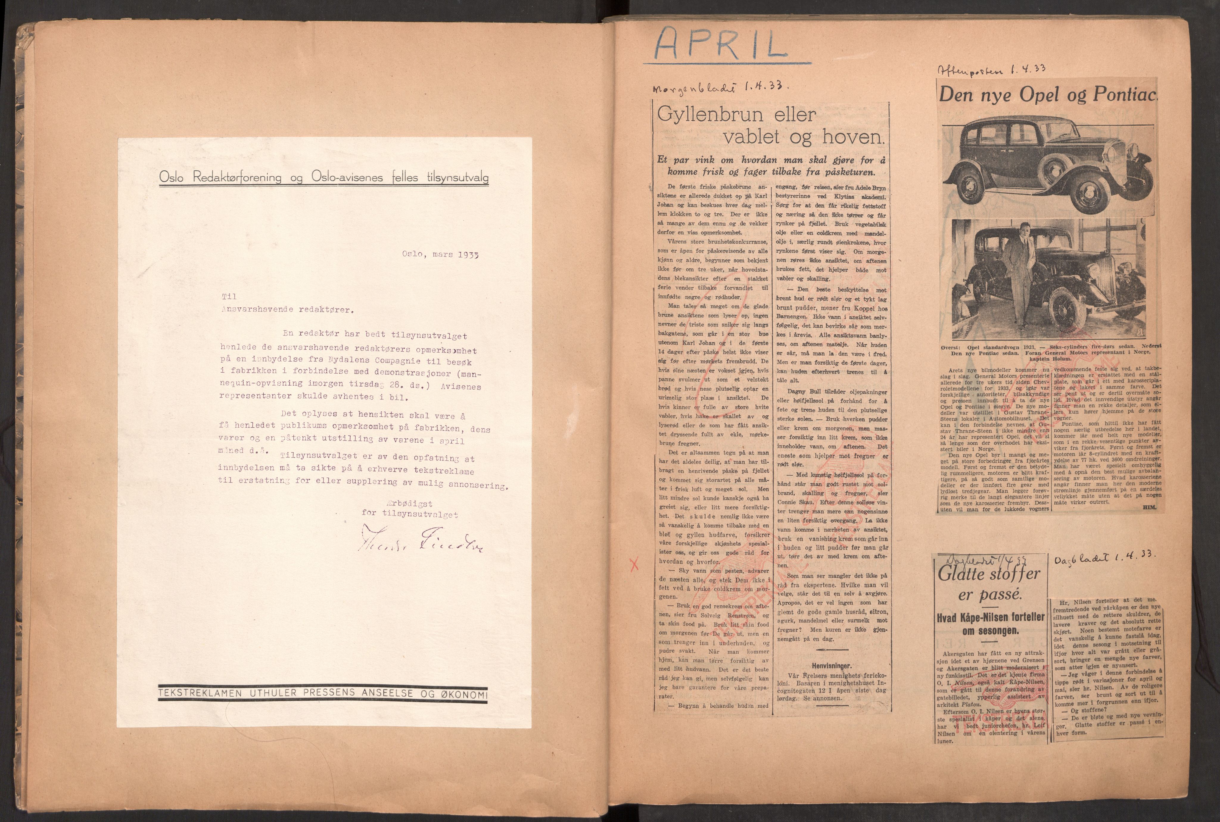 Tekstreklameutvalget, RA/PA-0854/A/Aa/L0007: Meldinger til avisene, avisutklipp stemplet med den røde hånd, 1933-1934