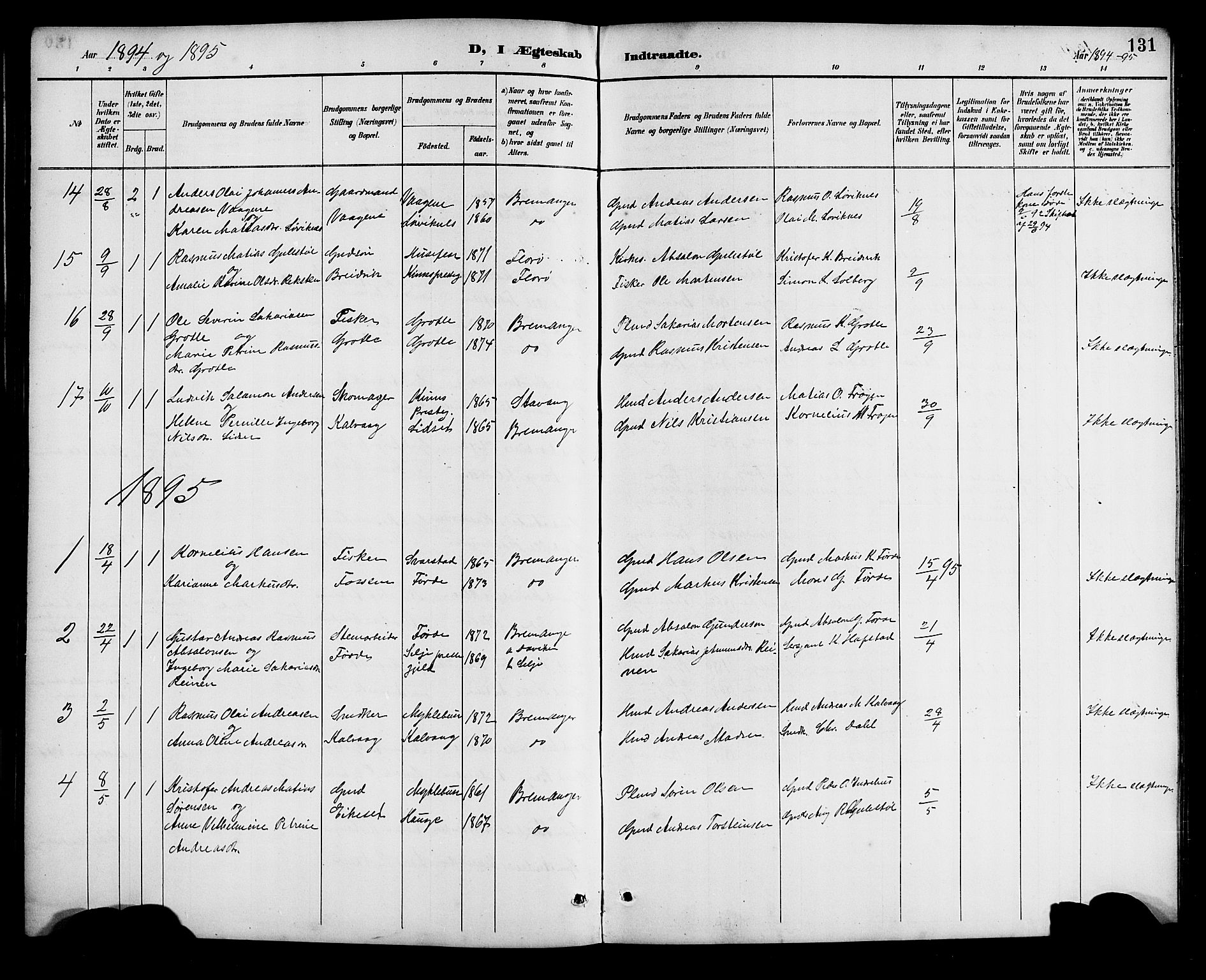 Bremanger sokneprestembete, SAB/A-82201/H/Hab/Haba/L0003: Parish register (copy) no. A 3, 1890-1908, p. 131