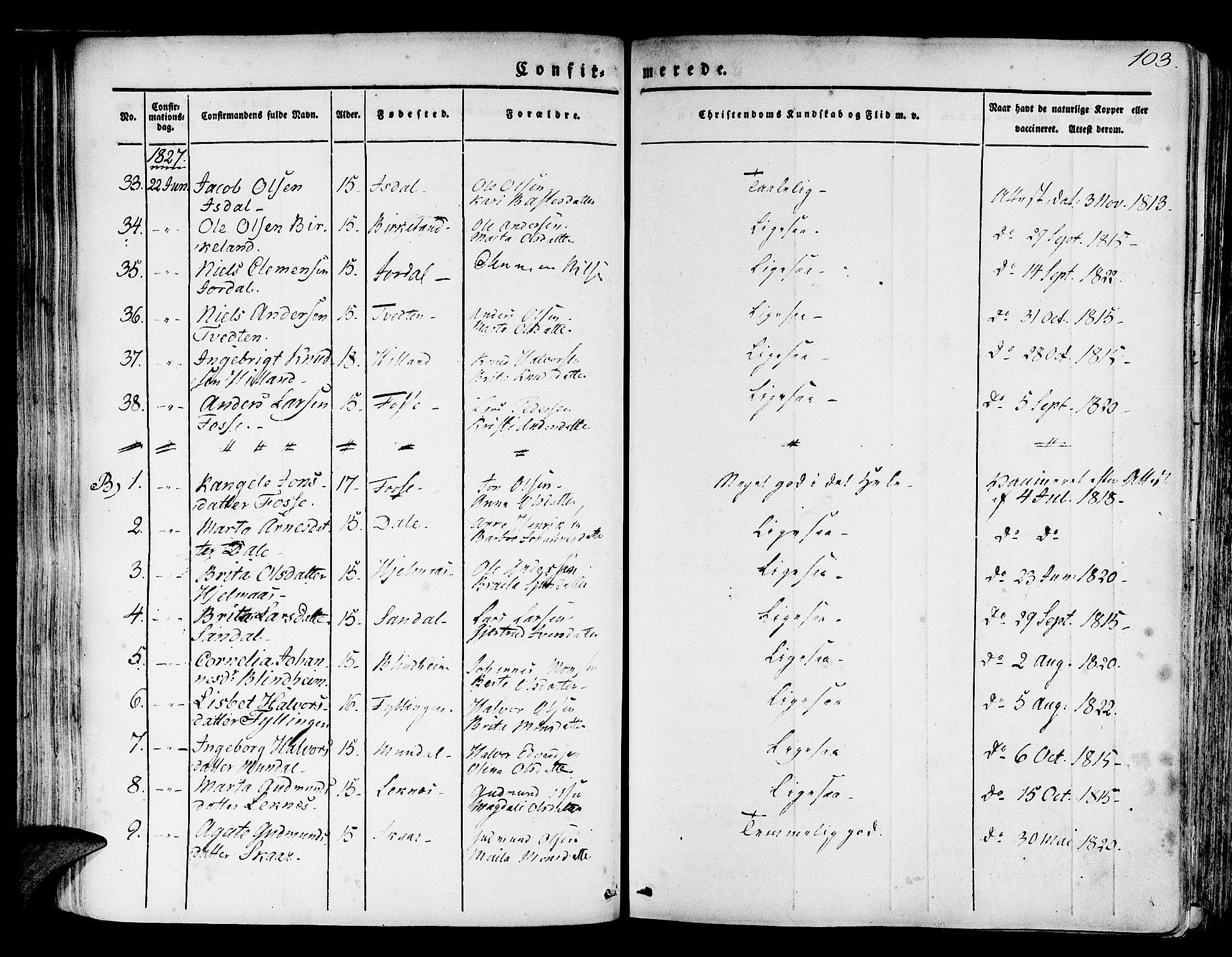Hamre sokneprestembete, SAB/A-75501/H/Ha/Haa/Haaa/L0011: Parish register (official) no. A 11, 1826-1834, p. 103