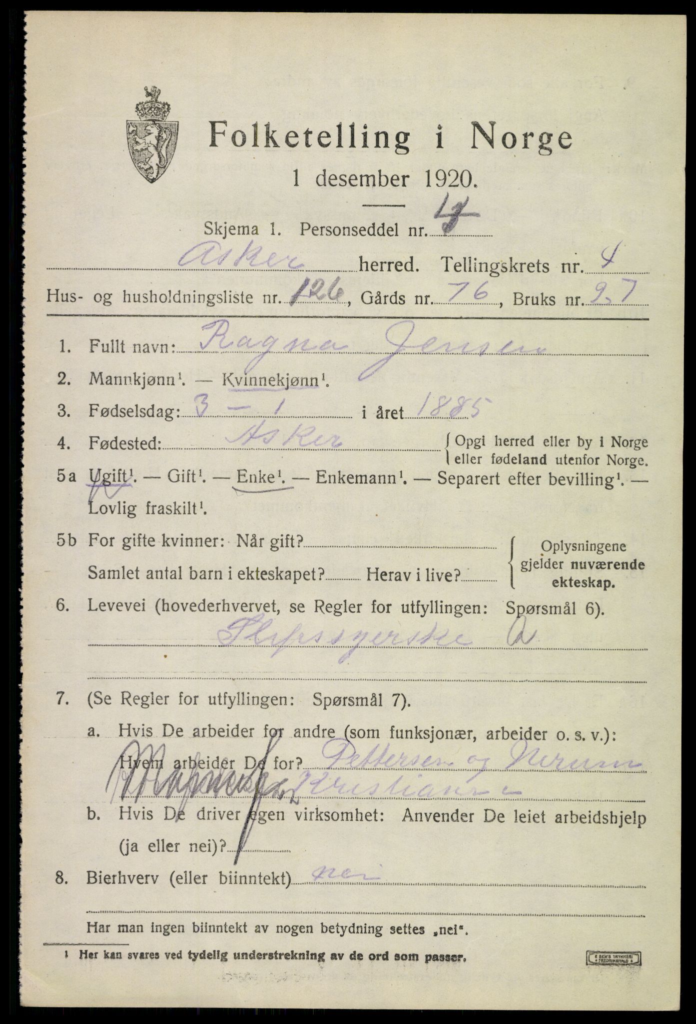 SAO, 1920 census for Asker, 1920, p. 11686