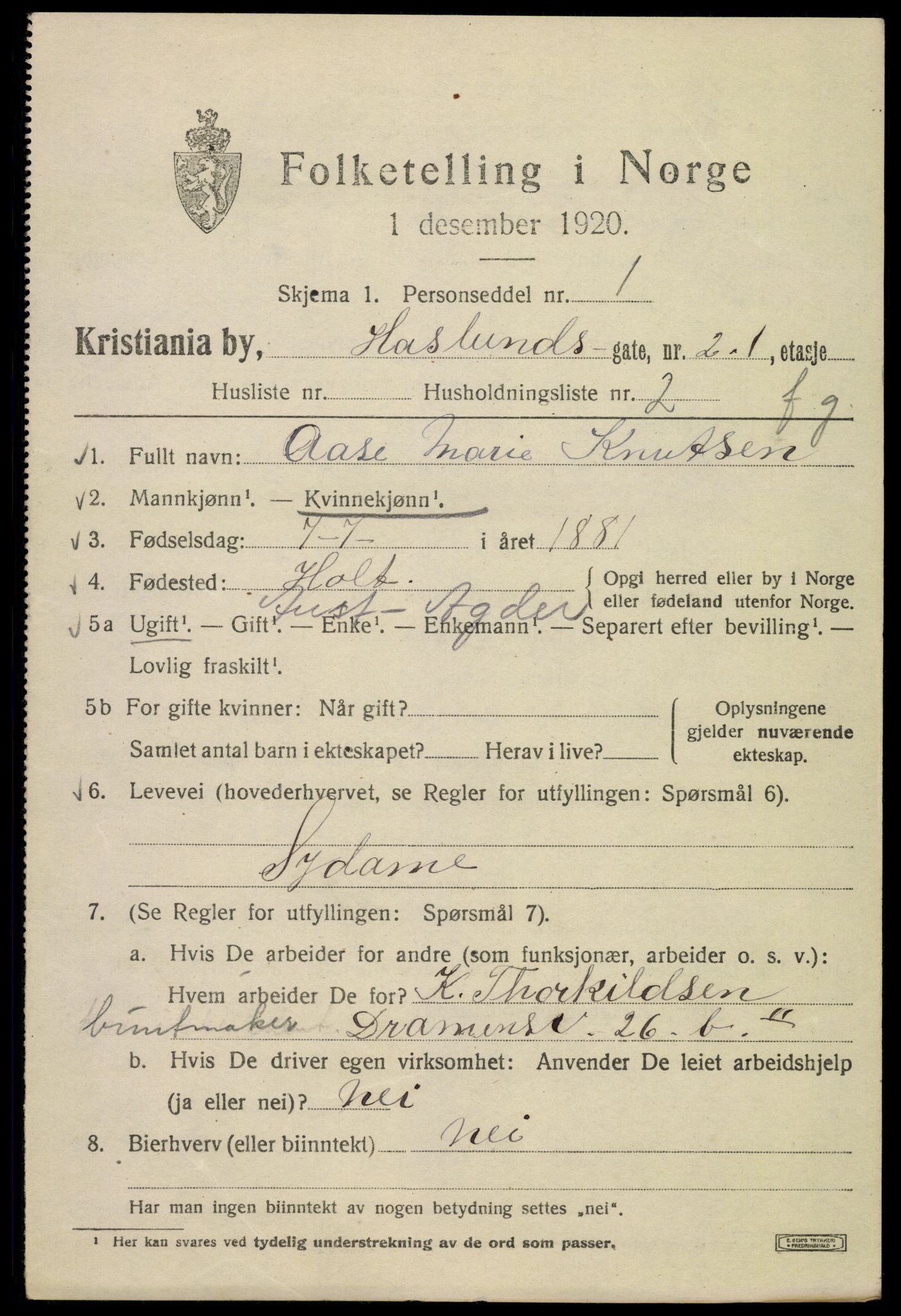 SAO, 1920 census for Kristiania, 1920, p. 271901