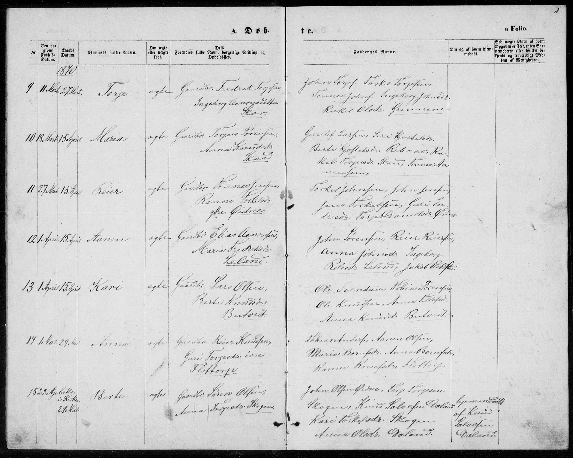 Bjelland sokneprestkontor, AV/SAK-1111-0005/F/Fb/Fbc/L0002: Parish register (copy) no. B 2, 1867-1887, p. 3