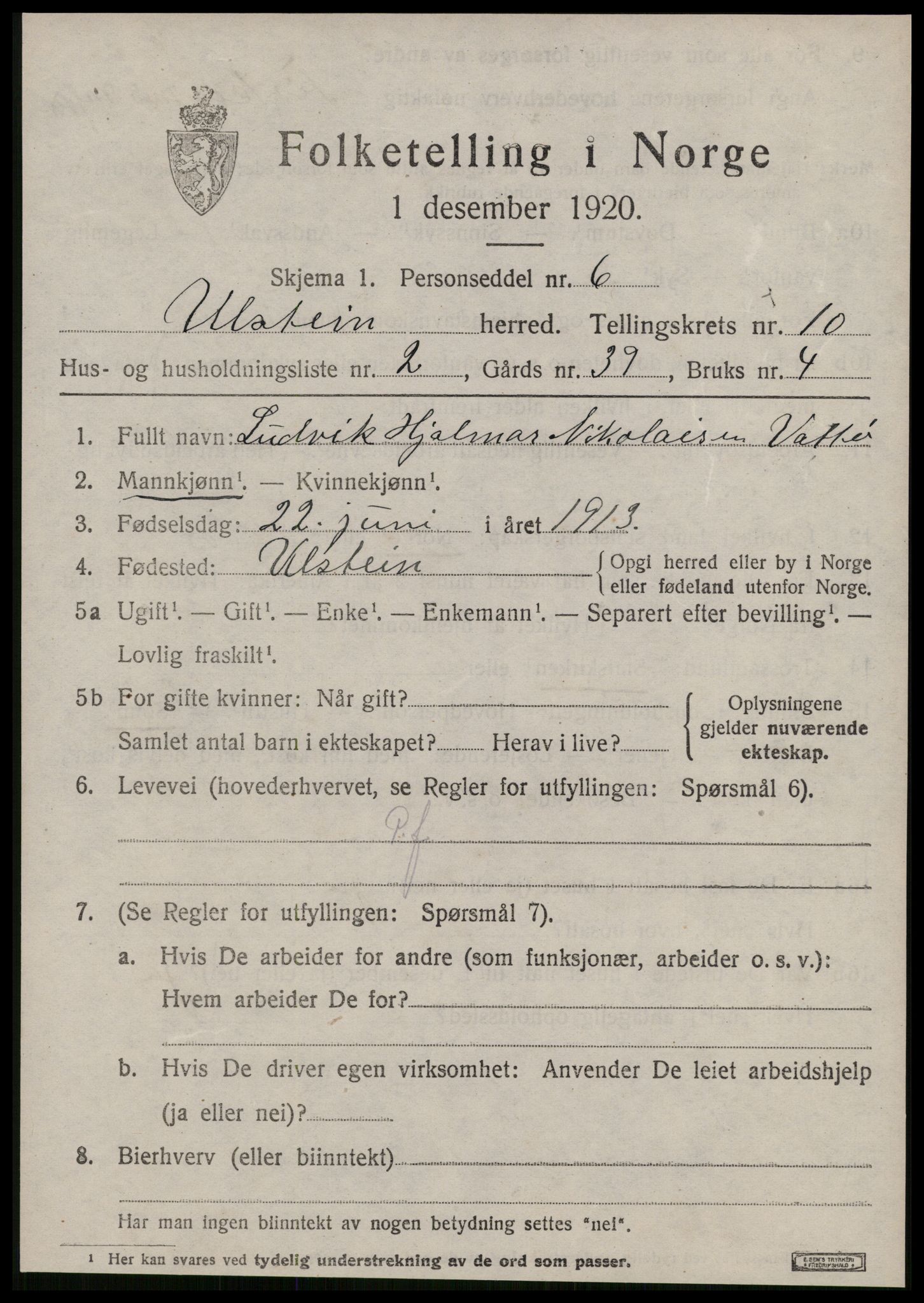 SAT, 1920 census for Ulstein, 1920, p. 5346