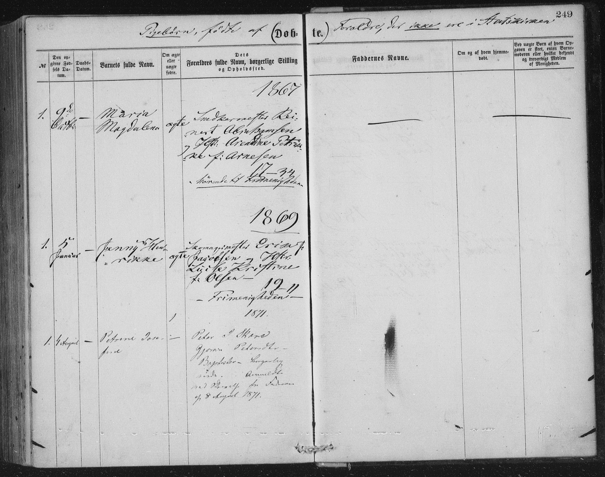 Korskirken sokneprestembete, AV/SAB-A-76101/H/Haa/L0019: Parish register (official) no. B 5, 1866-1871, p. 249