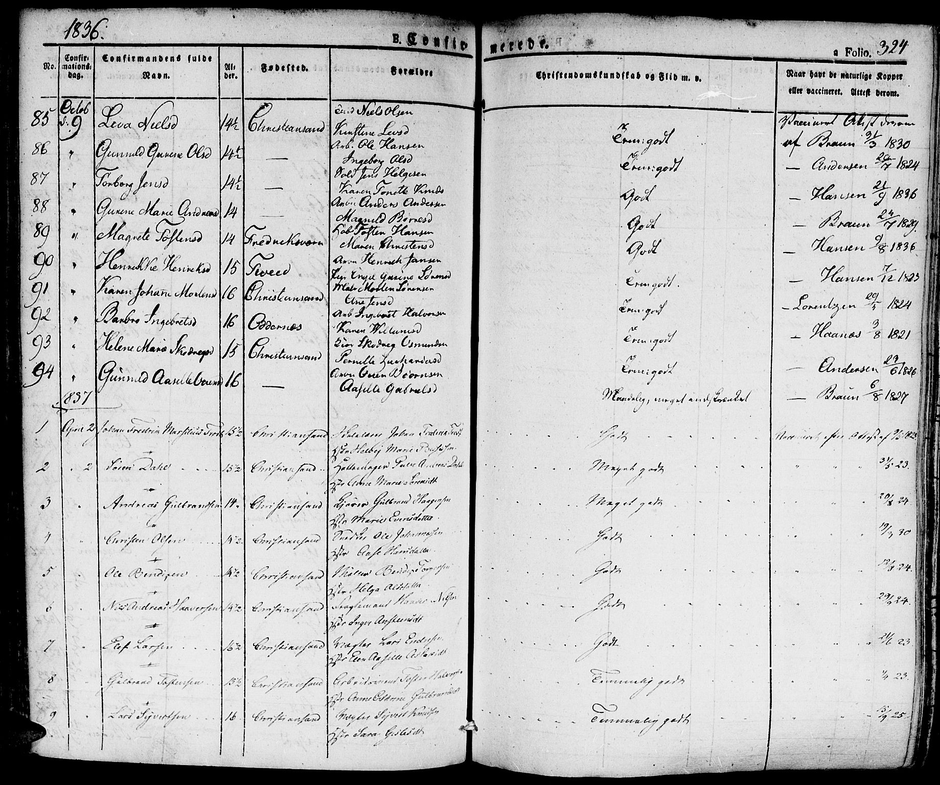 Kristiansand domprosti, SAK/1112-0006/F/Fa/L0011: Parish register (official) no. A 11, 1827-1841, p. 324
