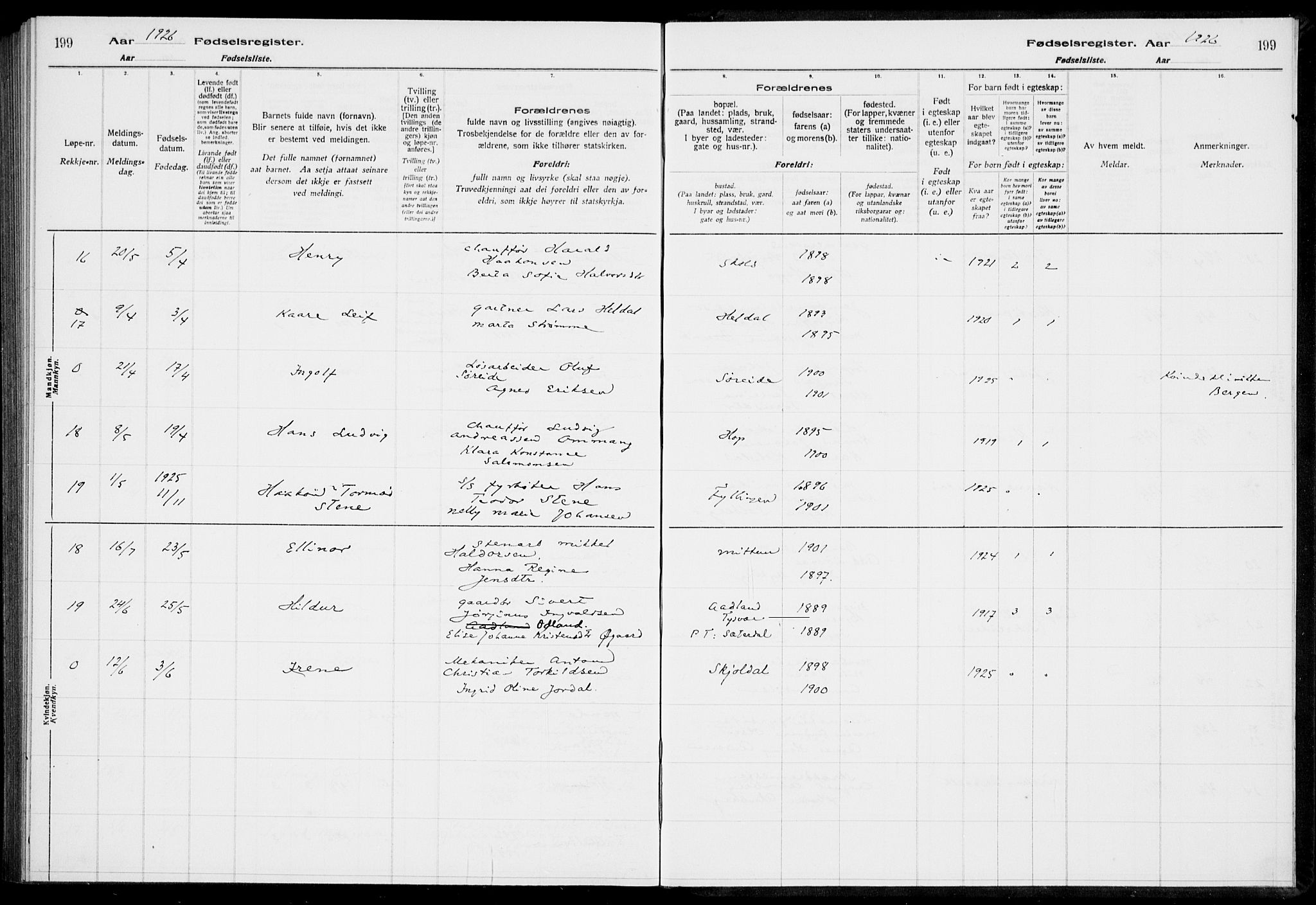 Birkeland Sokneprestembete, AV/SAB-A-74601/I/Id/L00A1: Birth register no. A 1, 1916-1926, p. 199