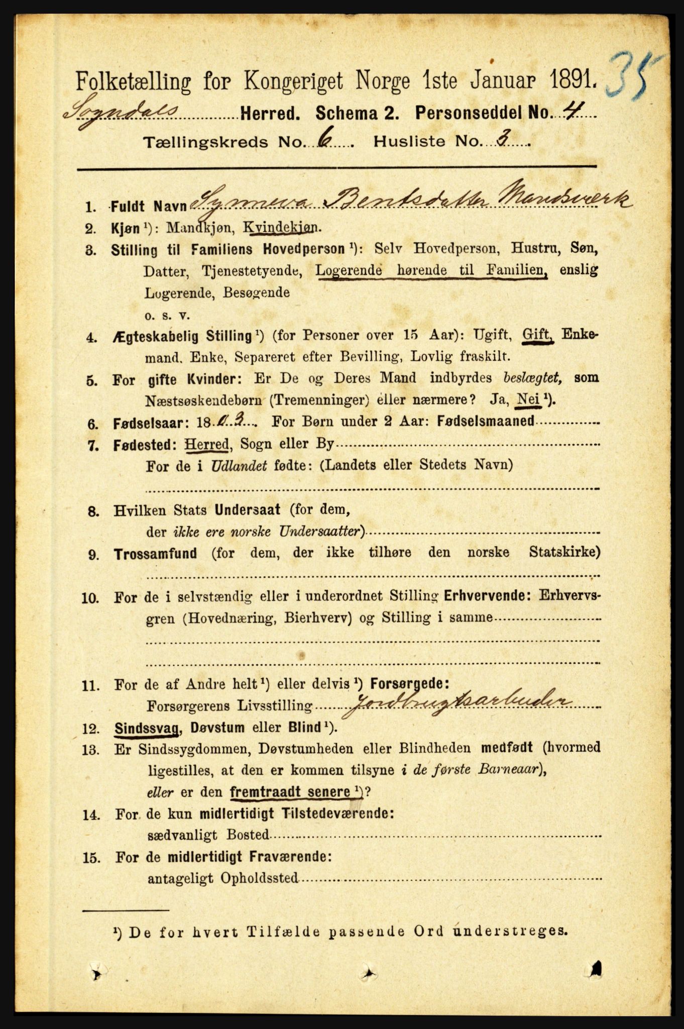 RA, 1891 census for 1420 Sogndal, 1891, p. 2613