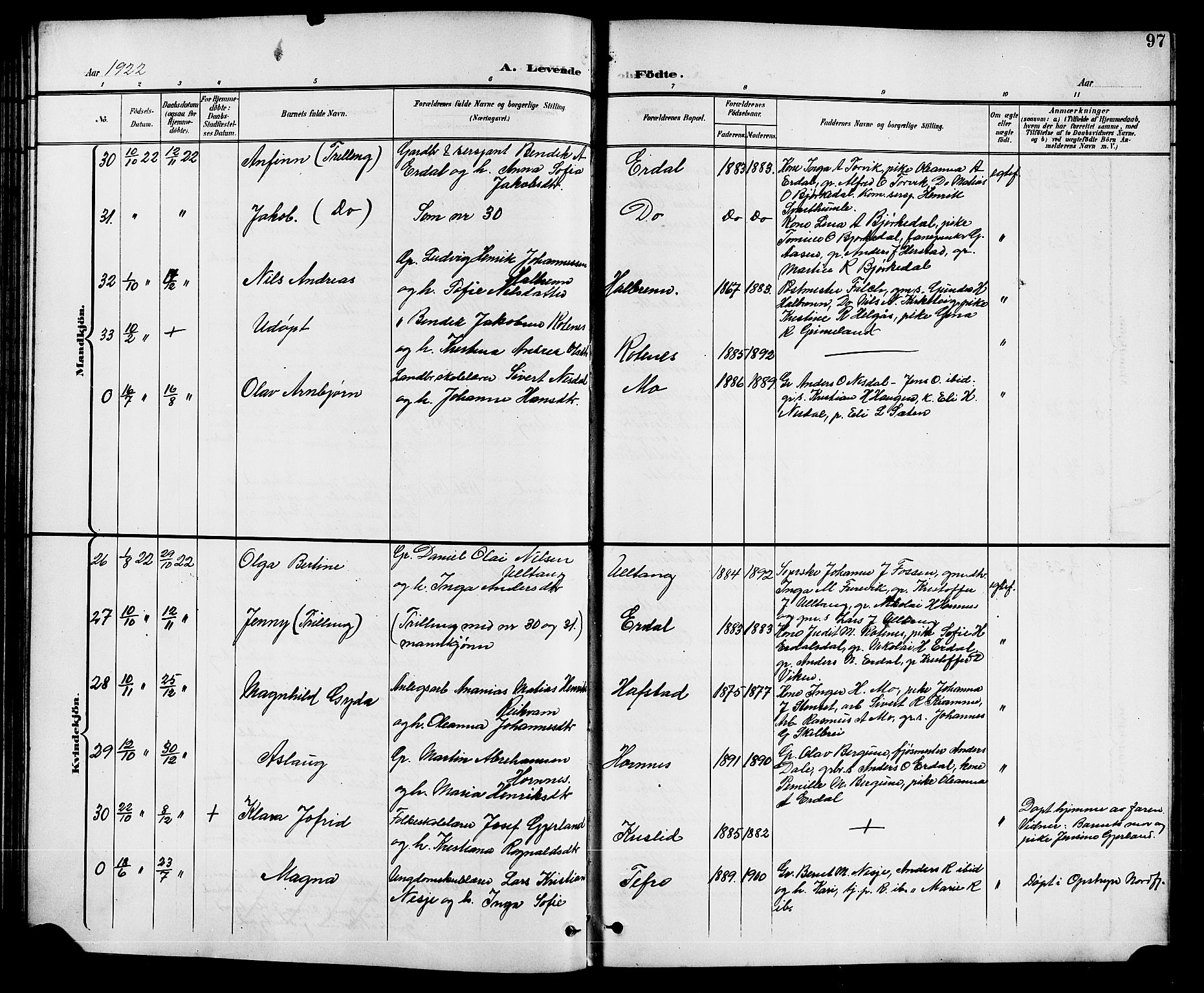 Førde sokneprestembete, SAB/A-79901/H/Hab/Haba/L0003: Parish register (copy) no. A 3, 1899-1924, p. 97