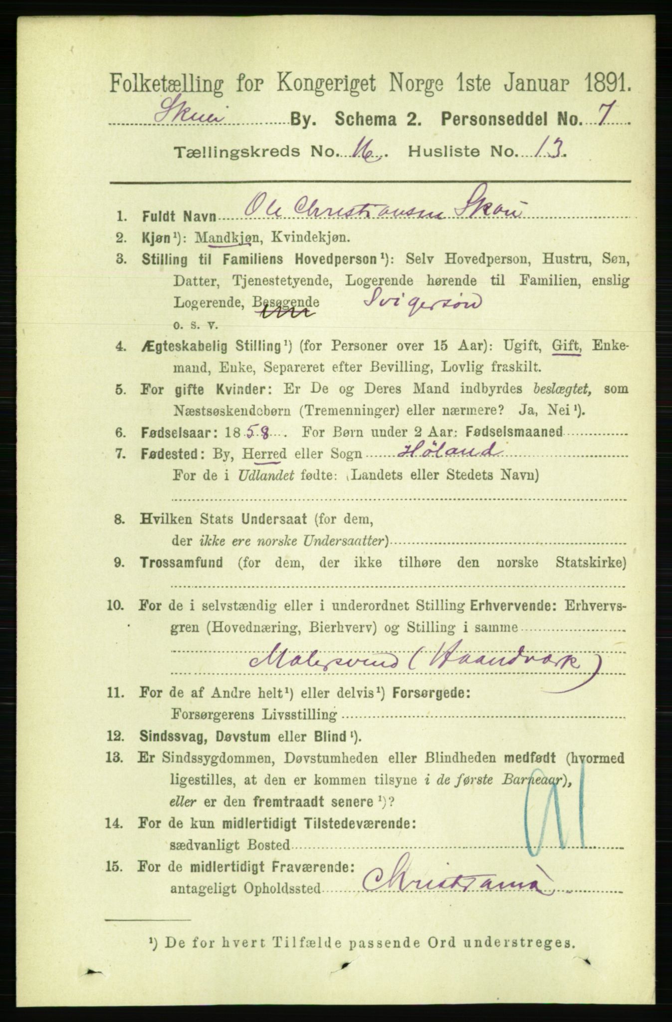 RA, 1891 census for 0806 Skien, 1891, p. 4651