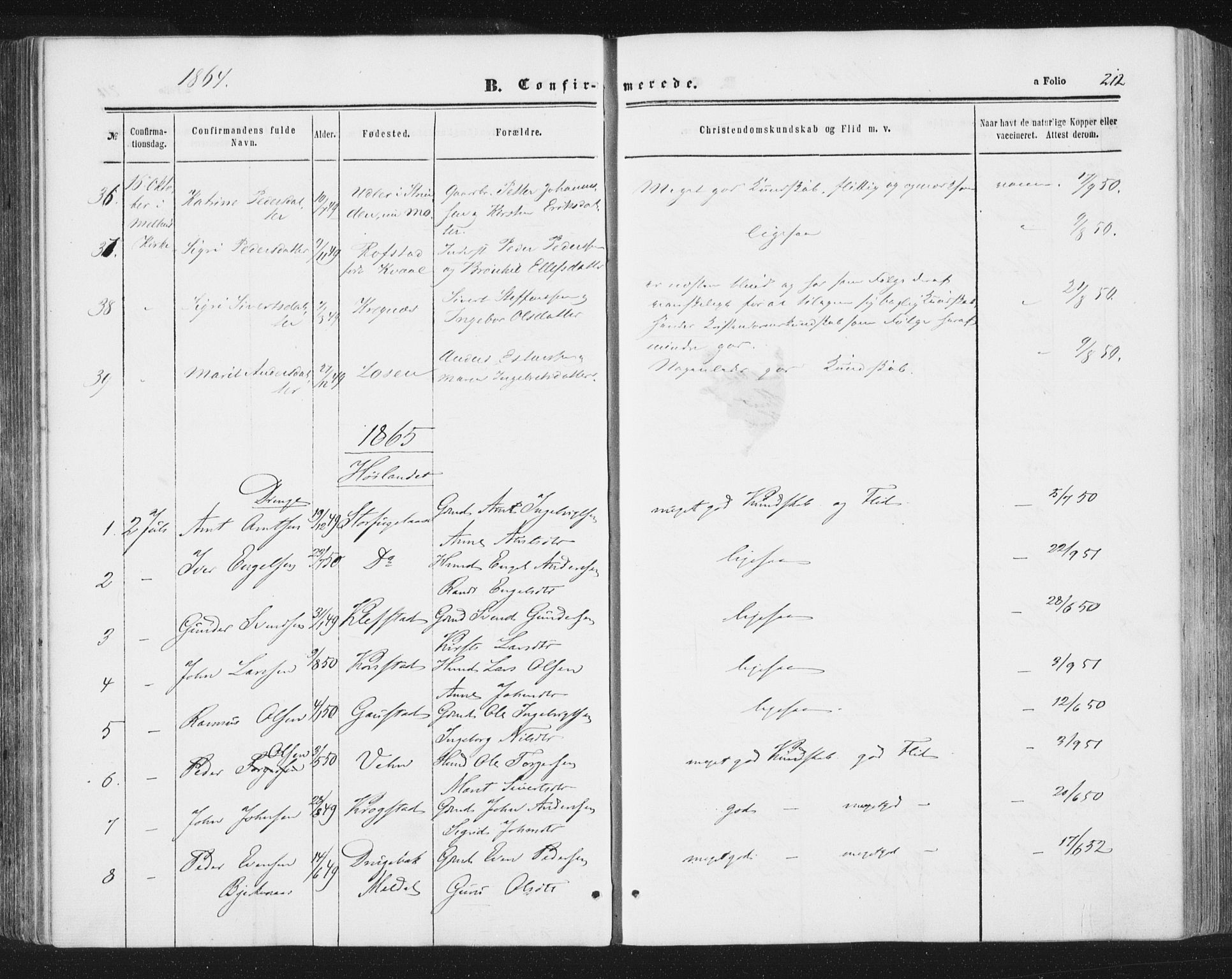 Ministerialprotokoller, klokkerbøker og fødselsregistre - Sør-Trøndelag, SAT/A-1456/691/L1077: Parish register (official) no. 691A09, 1862-1873, p. 212