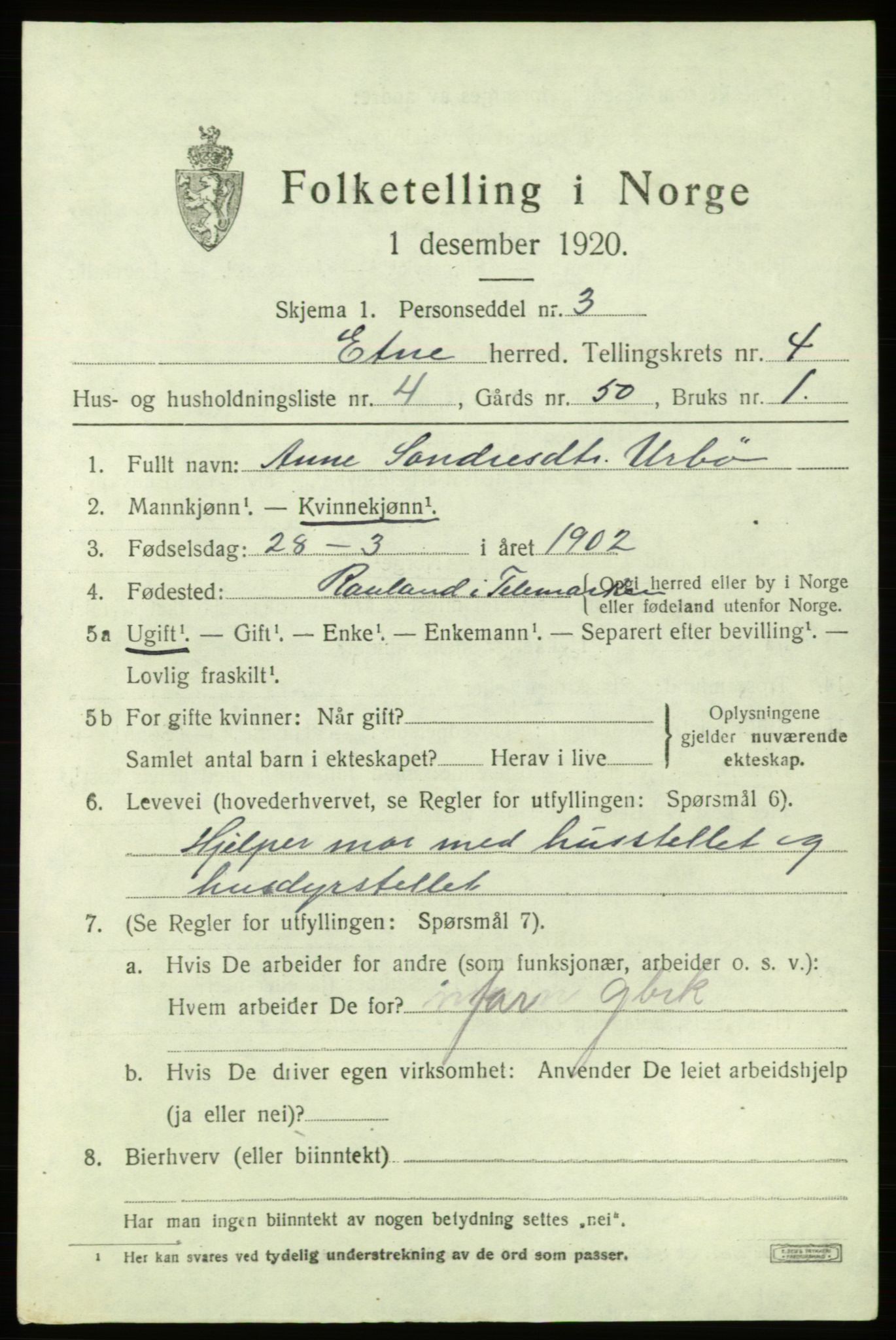 SAB, 1920 census for Etne, 1920, p. 2027