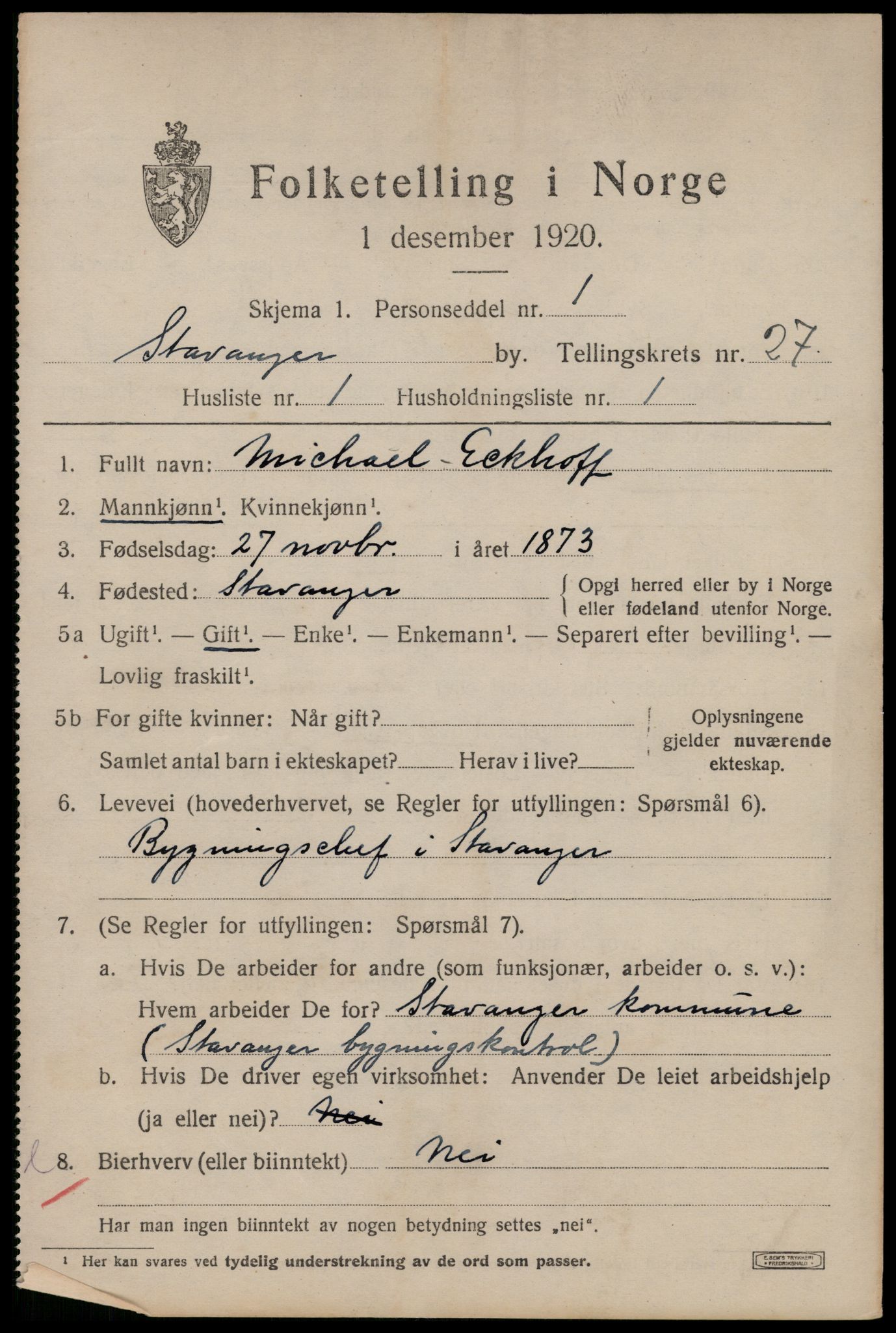 SAST, 1920 census for Stavanger, 1920, p. 79054