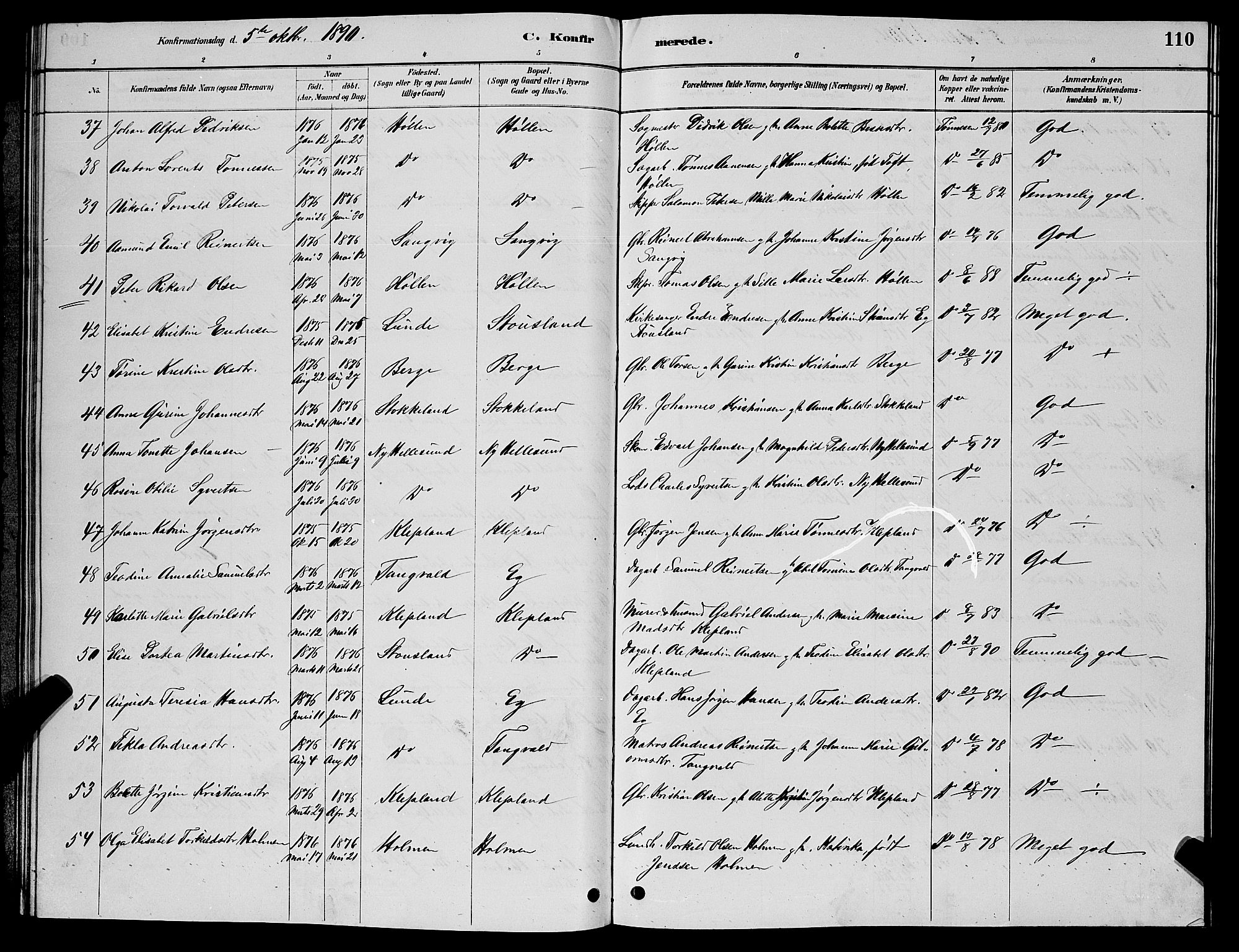 Søgne sokneprestkontor, SAK/1111-0037/F/Fb/Fbb/L0005: Parish register (copy) no. B 5, 1884-1891, p. 110