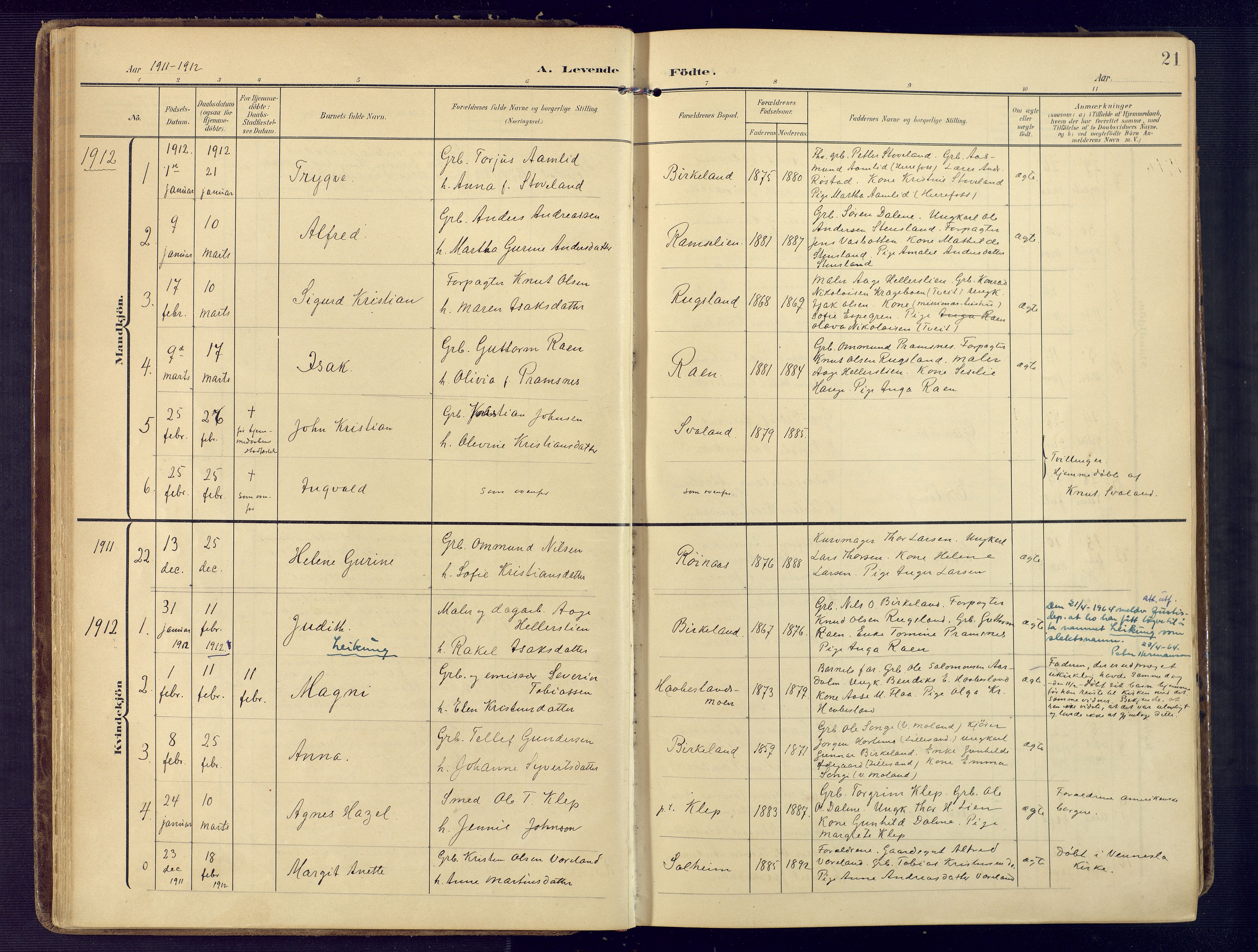 Birkenes sokneprestkontor, SAK/1111-0004/F/Fa/L0006: Parish register (official) no. A 6, 1908-1932, p. 21