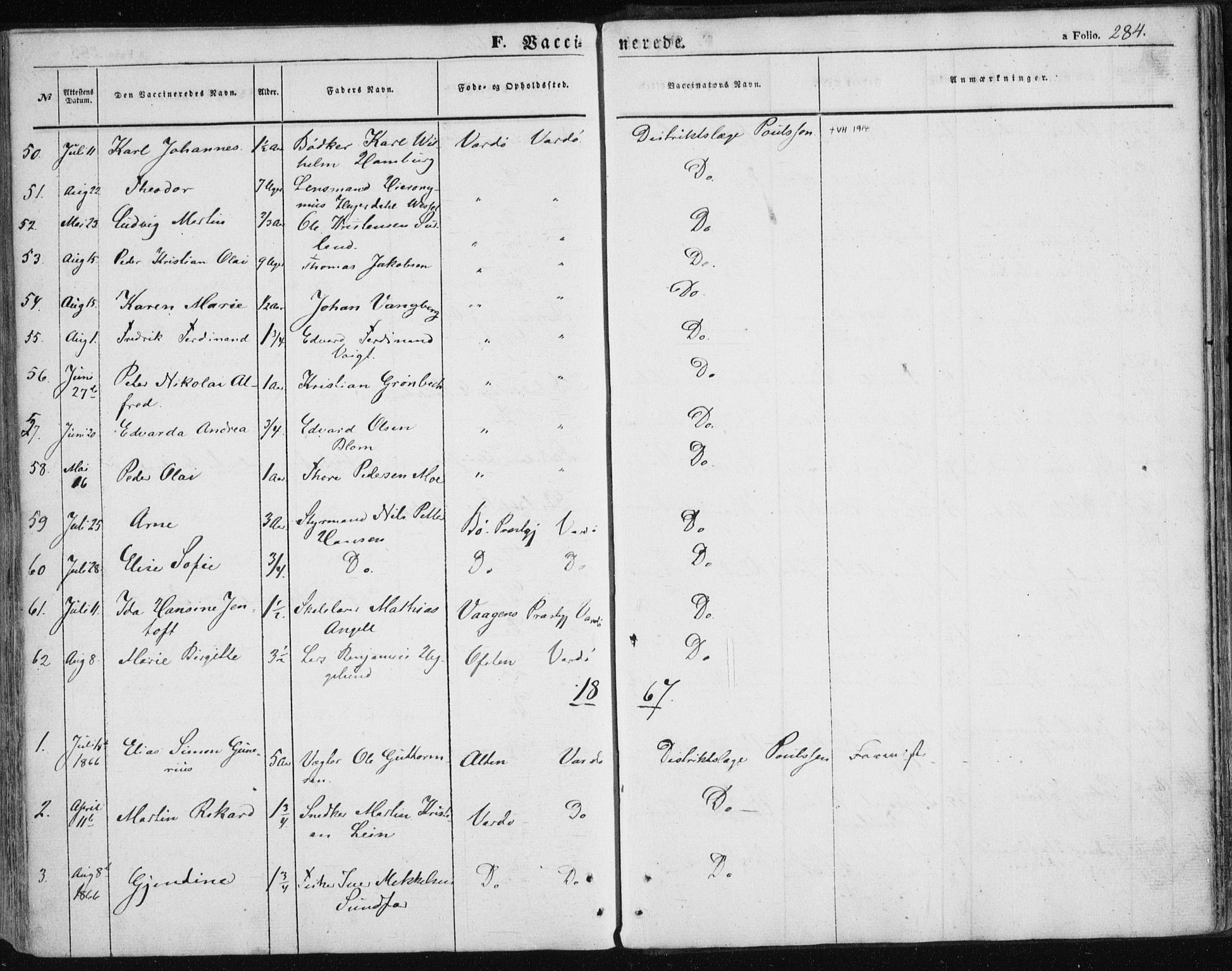 Vardø sokneprestkontor, SATØ/S-1332/H/Ha/L0004kirke: Parish register (official) no. 4, 1862-1871, p. 284