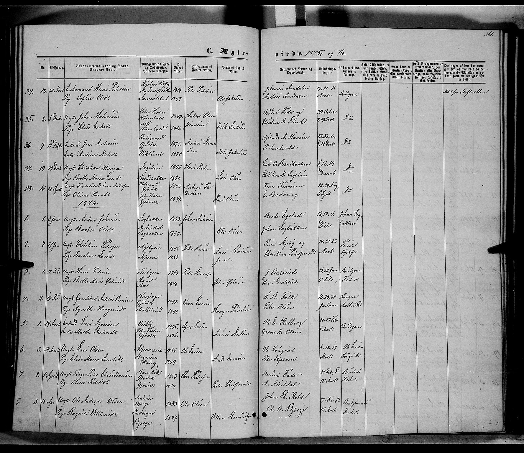Vardal prestekontor, SAH/PREST-100/H/Ha/Hab/L0006: Parish register (copy) no. 6, 1869-1881, p. 261