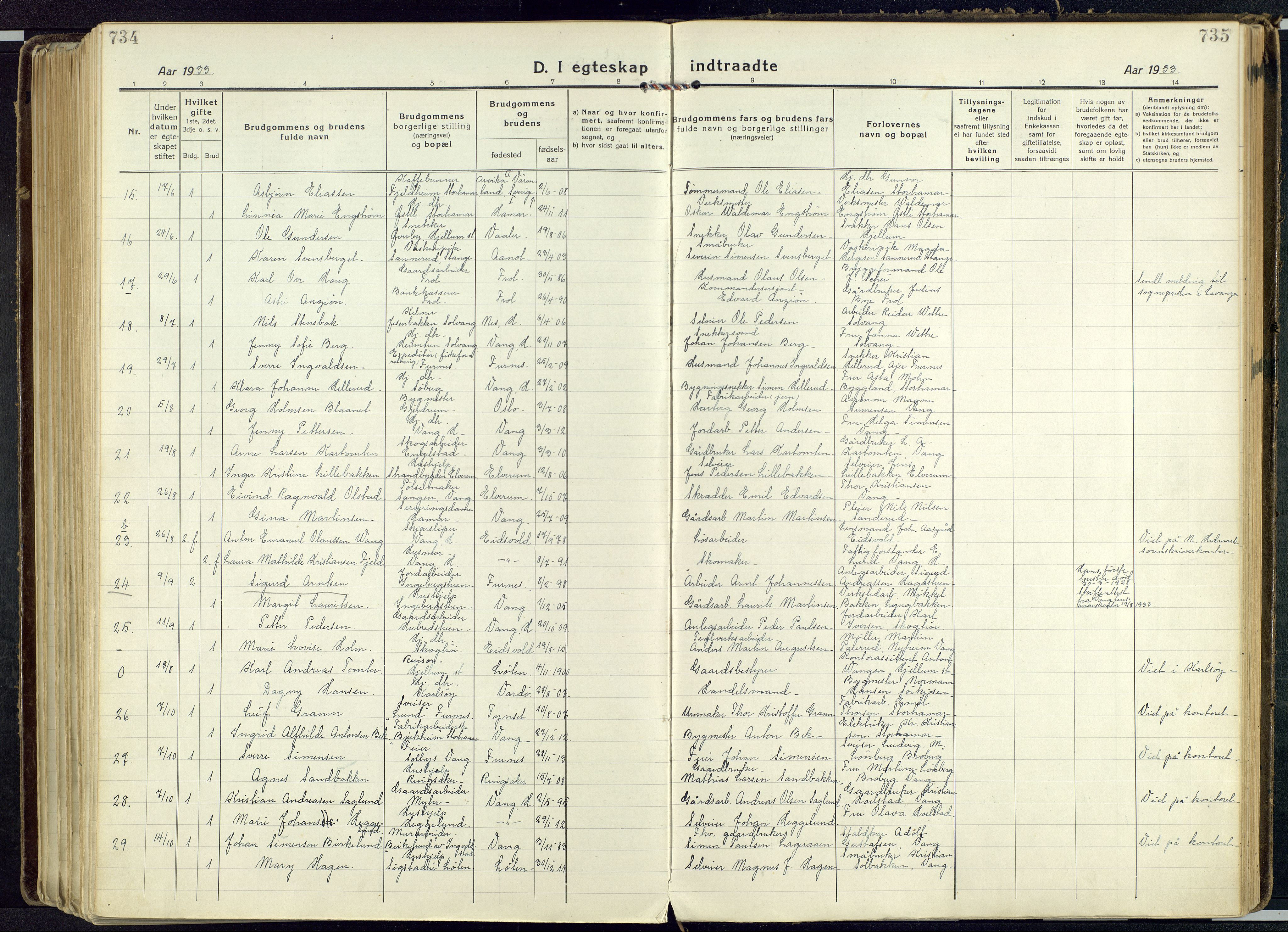 Vang prestekontor, Hedmark, SAH/PREST-008/H/Ha/Haa/L0022: Parish register (official) no. 22, 1918-1944, p. 734-735