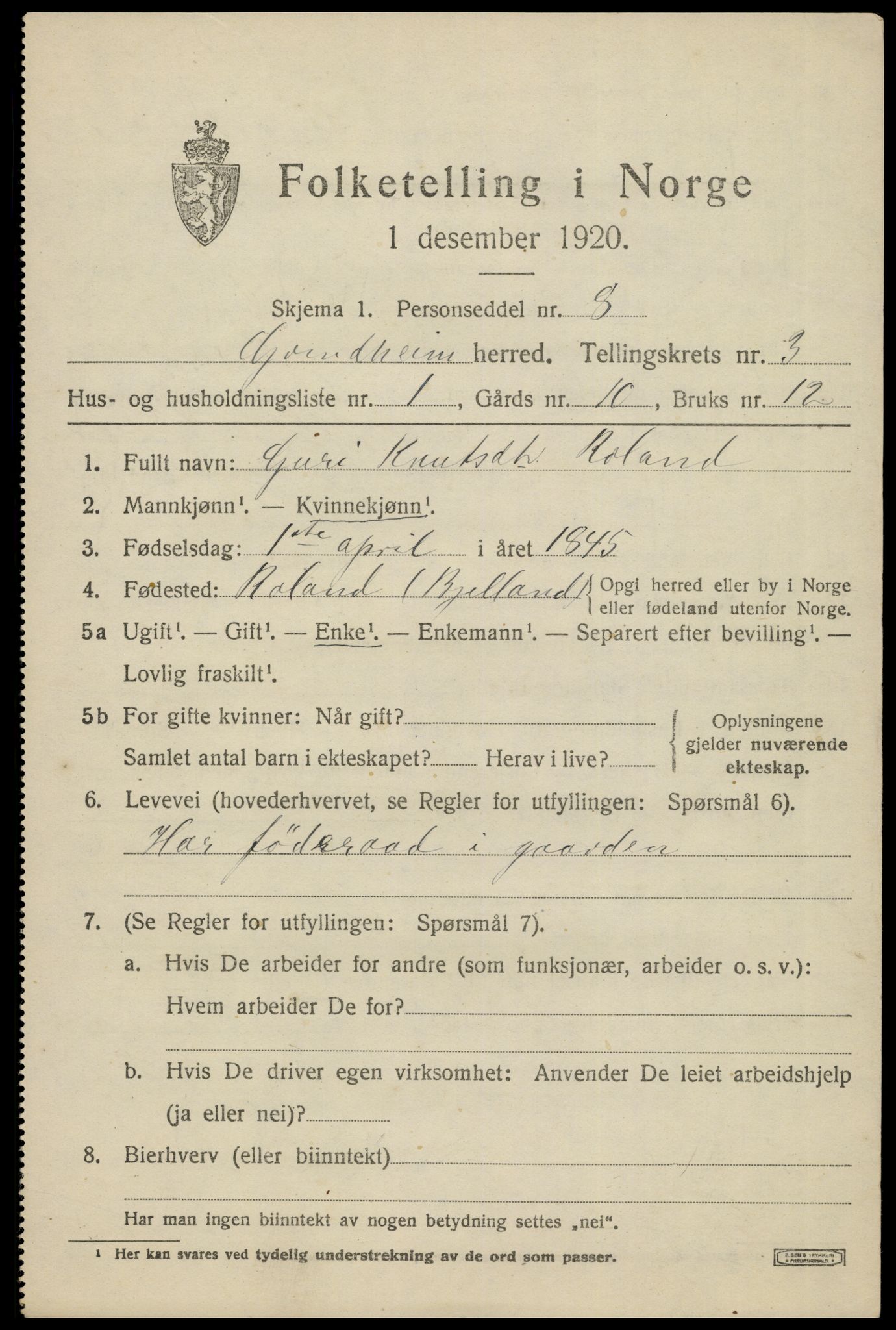 SAK, 1920 census for Grindheim, 1920, p. 903