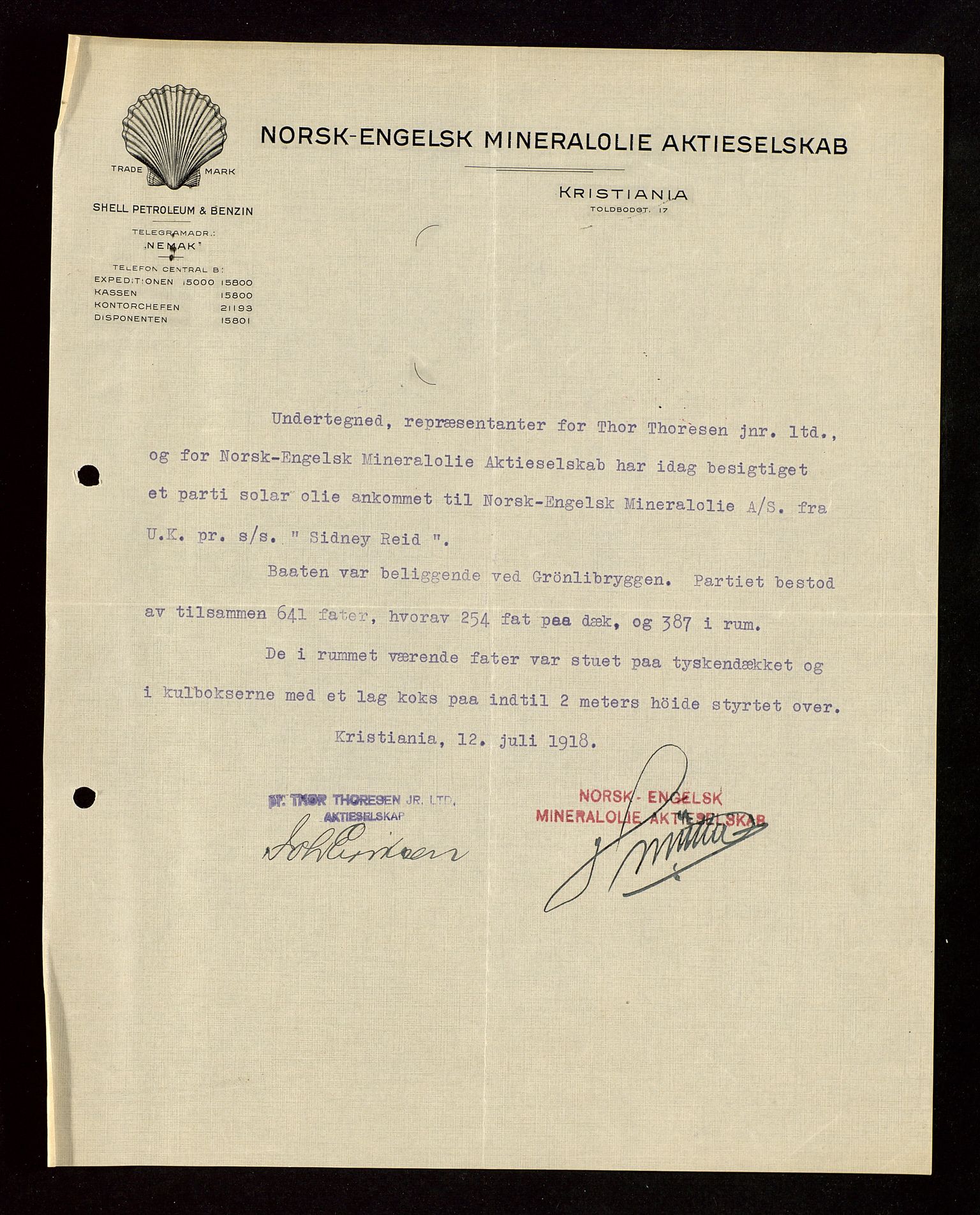 Pa 1521 - A/S Norske Shell, AV/SAST-A-101915/E/Ea/Eaa/L0003: Sjefskorrespondanse, 1918, p. 289