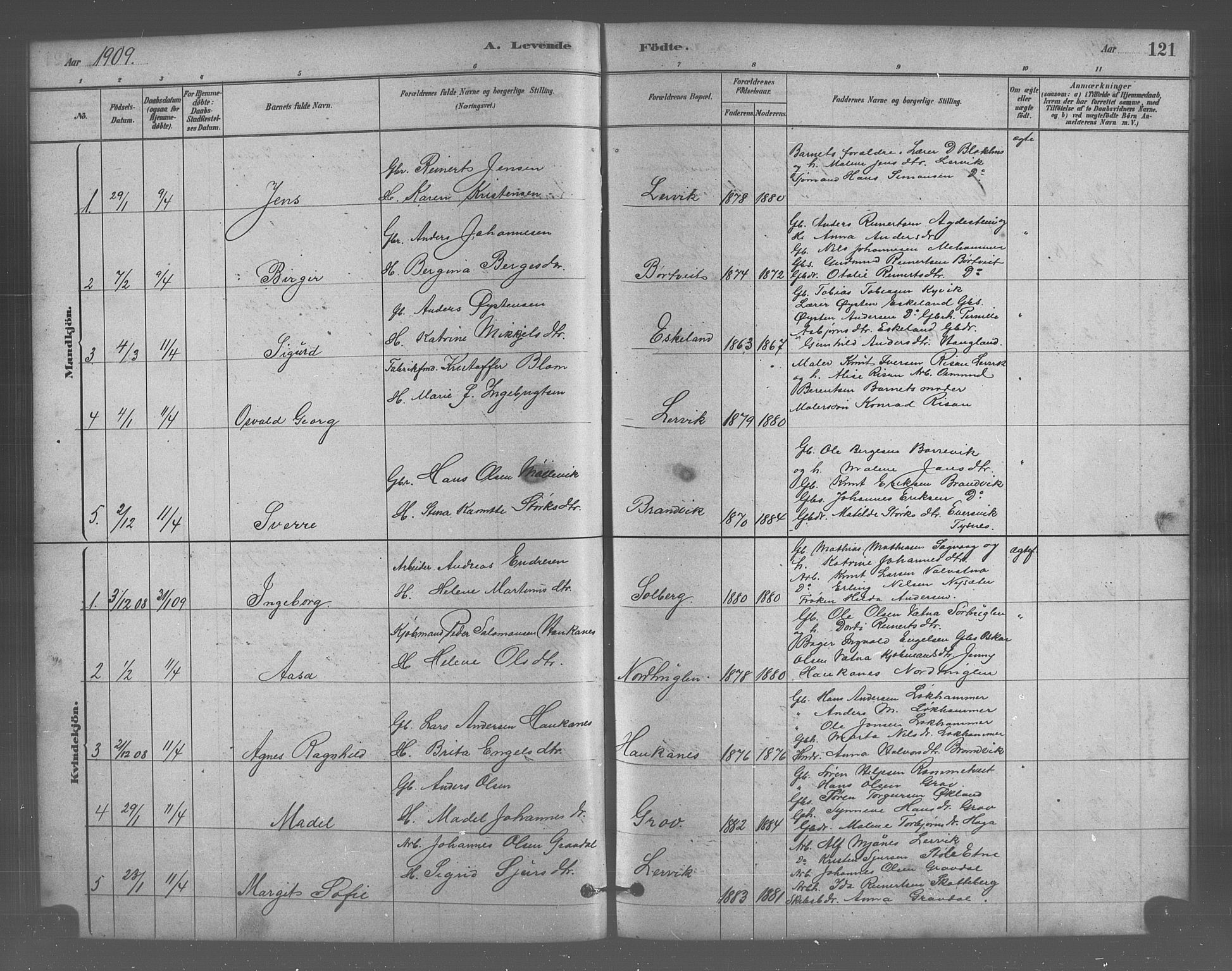 Stord sokneprestembete, SAB/A-78201/H/Hab: Parish register (copy) no. A 2, 1879-1909, p. 121