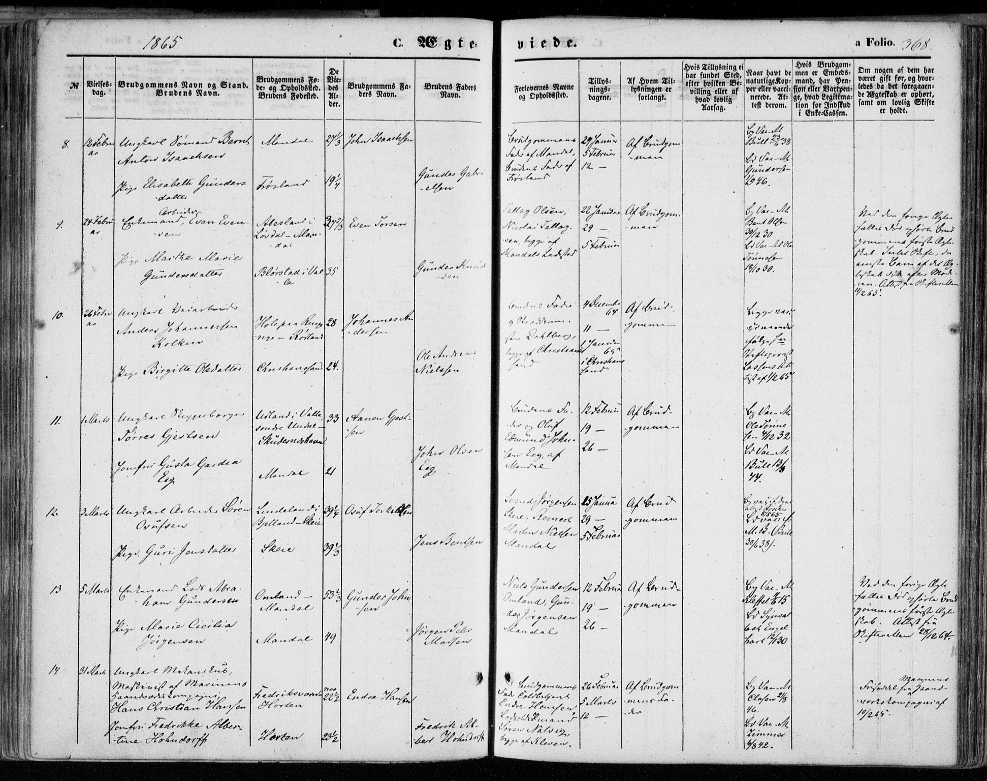 Mandal sokneprestkontor, AV/SAK-1111-0030/F/Fa/Faa/L0014: Parish register (official) no. A 14, 1859-1872, p. 368