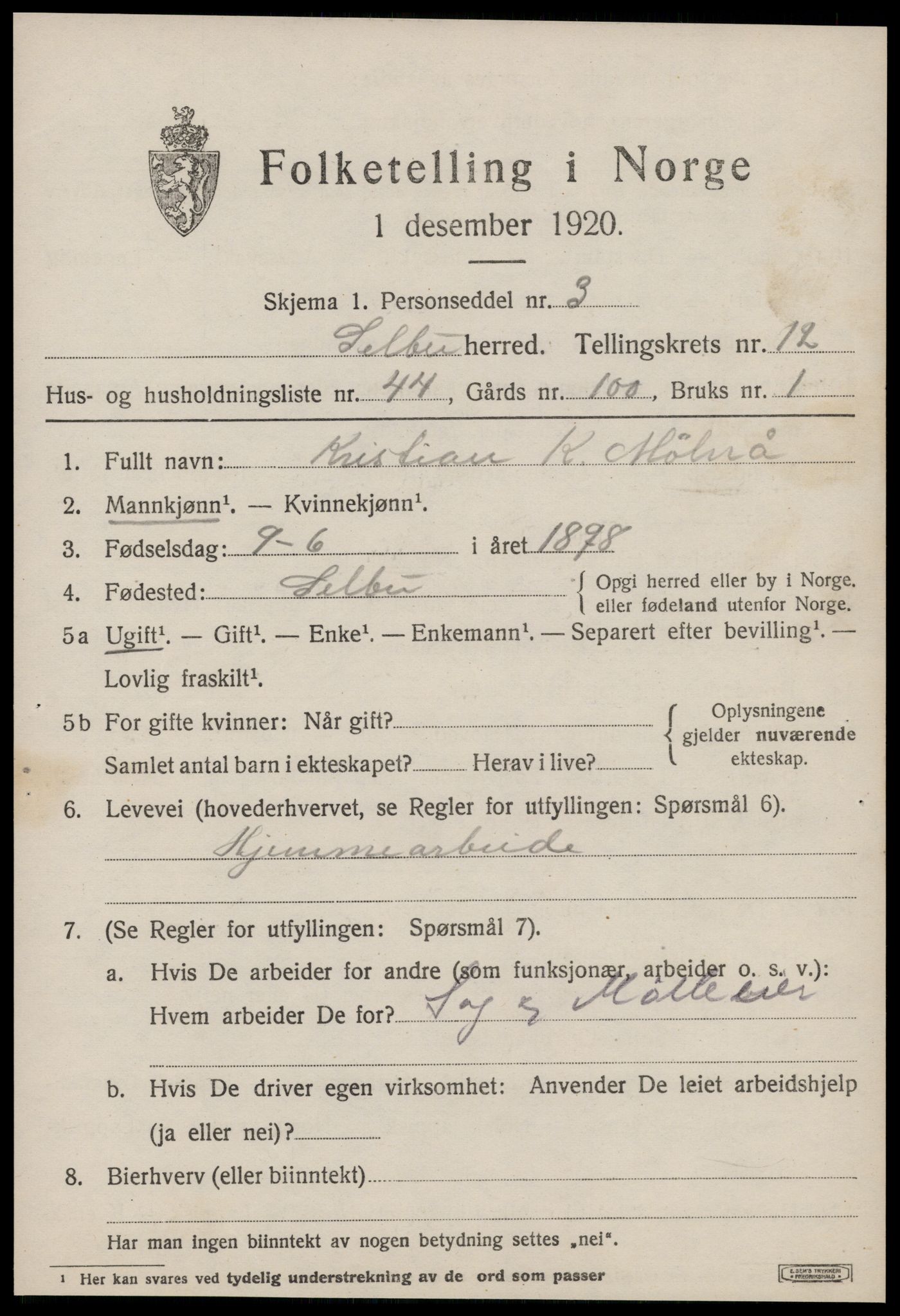 SAT, 1920 census for Selbu, 1920, p. 7004