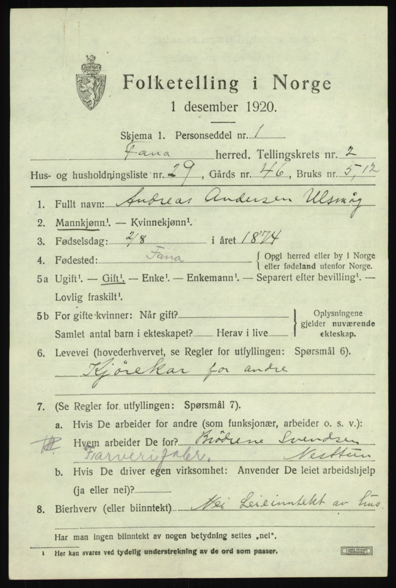 SAB, 1920 census for Fana, 1920, p. 4783