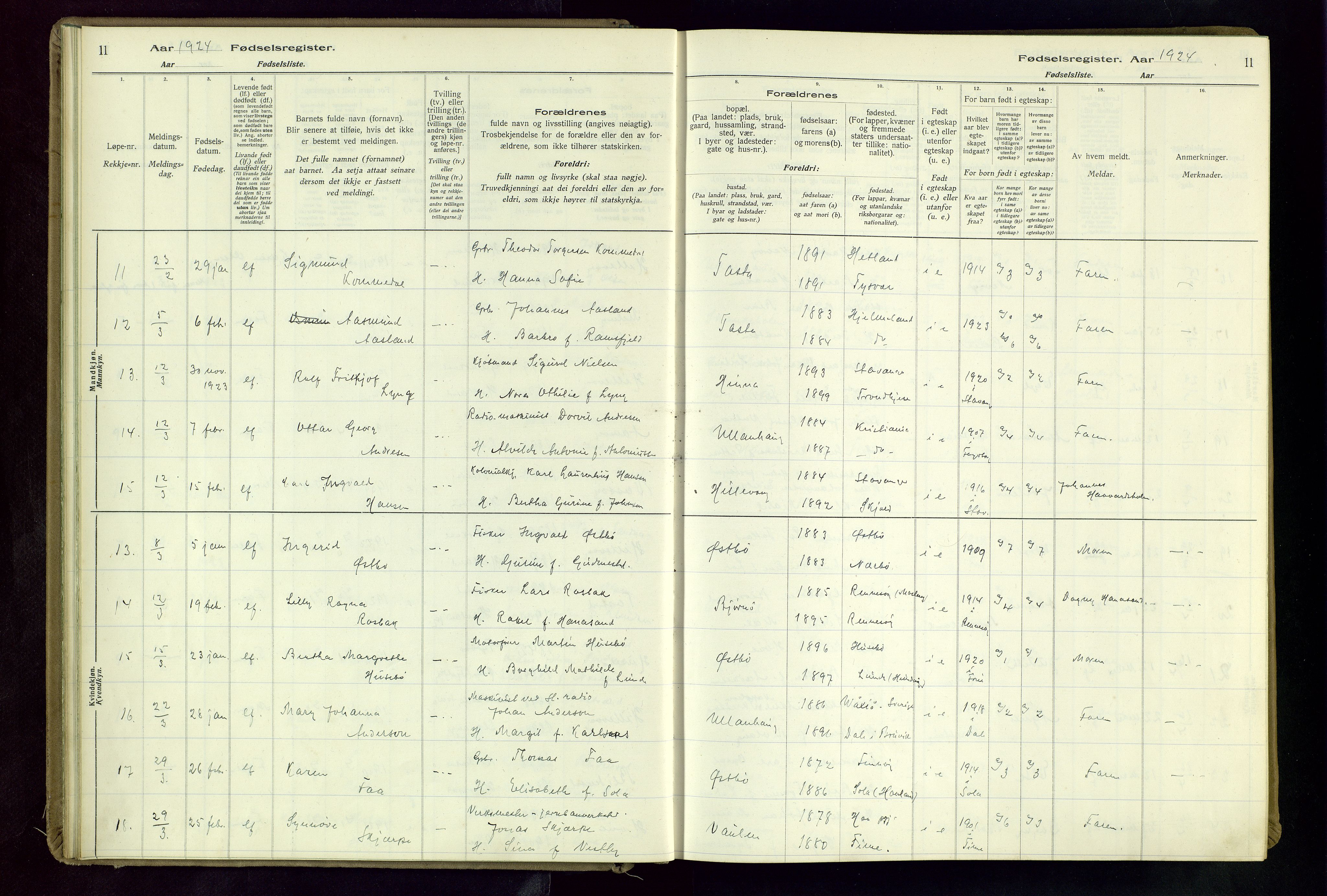 Hetland sokneprestkontor, AV/SAST-A-101826/70/704BA/L0004: Birth register no. 4, 1923-1937, p. 11