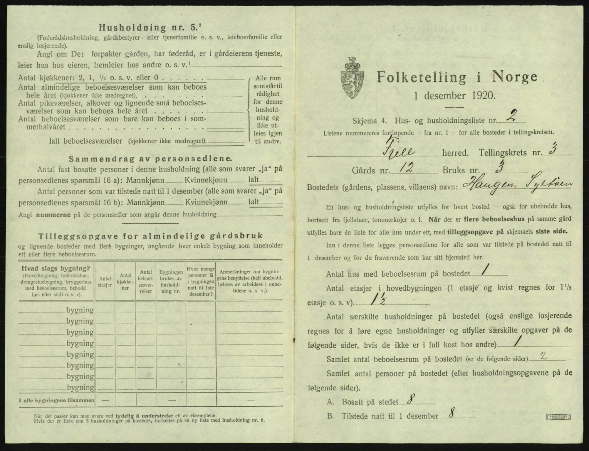 SAB, 1920 census for Fjell, 1920, p. 289