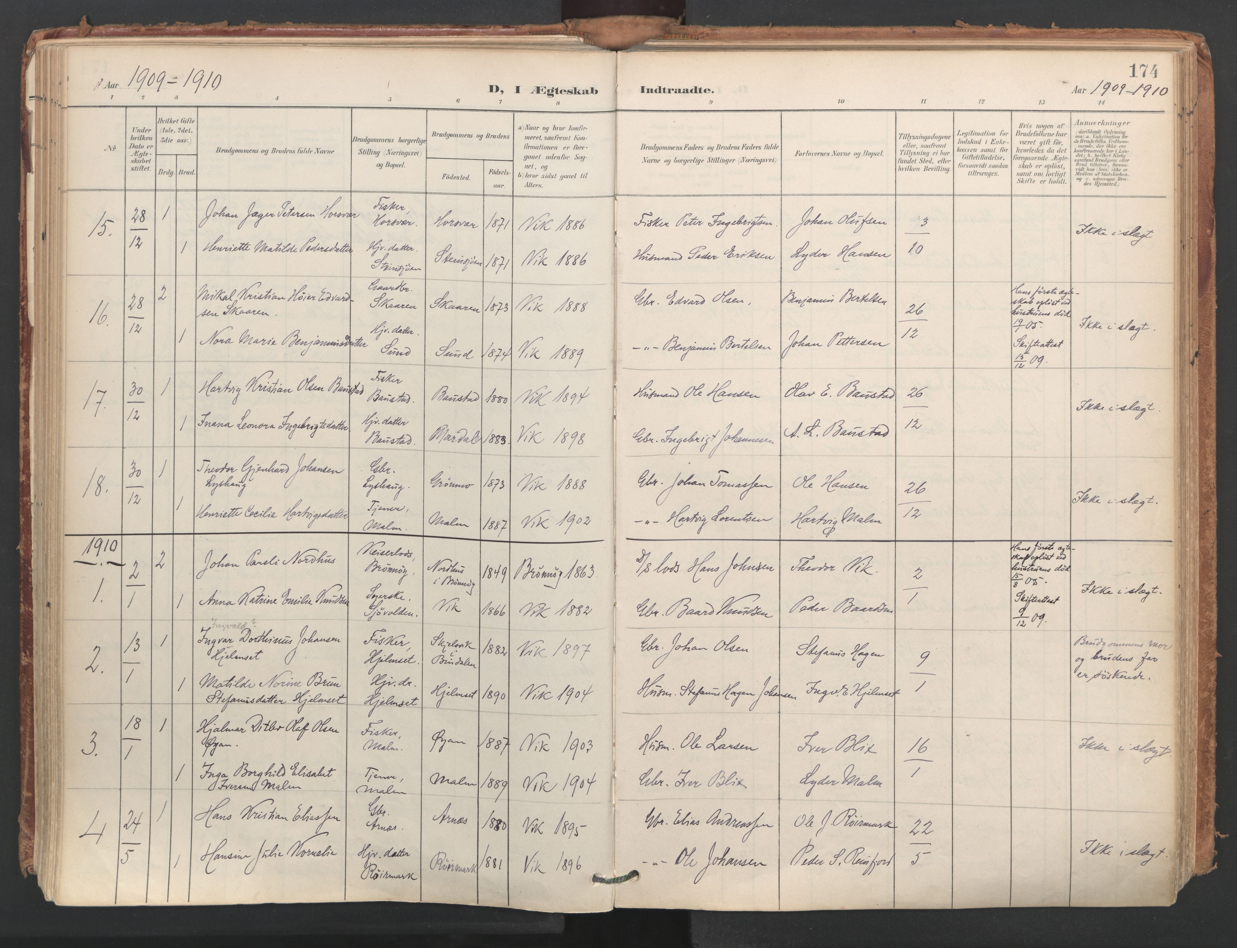 Ministerialprotokoller, klokkerbøker og fødselsregistre - Nordland, SAT/A-1459/812/L0180: Parish register (official) no. 812A09, 1901-1915, p. 174