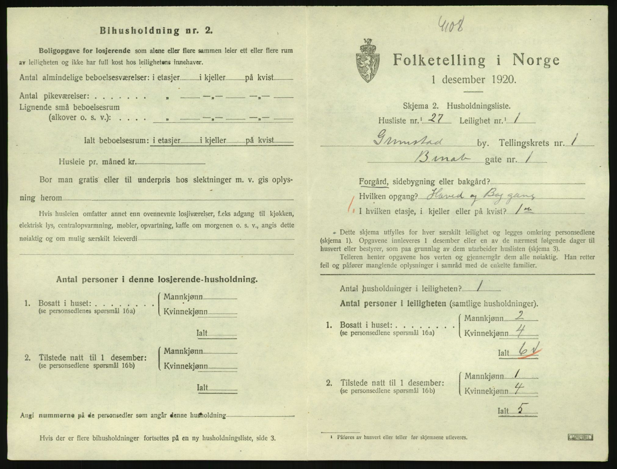 SAK, 1920 census for Grimstad, 1920, p. 1051