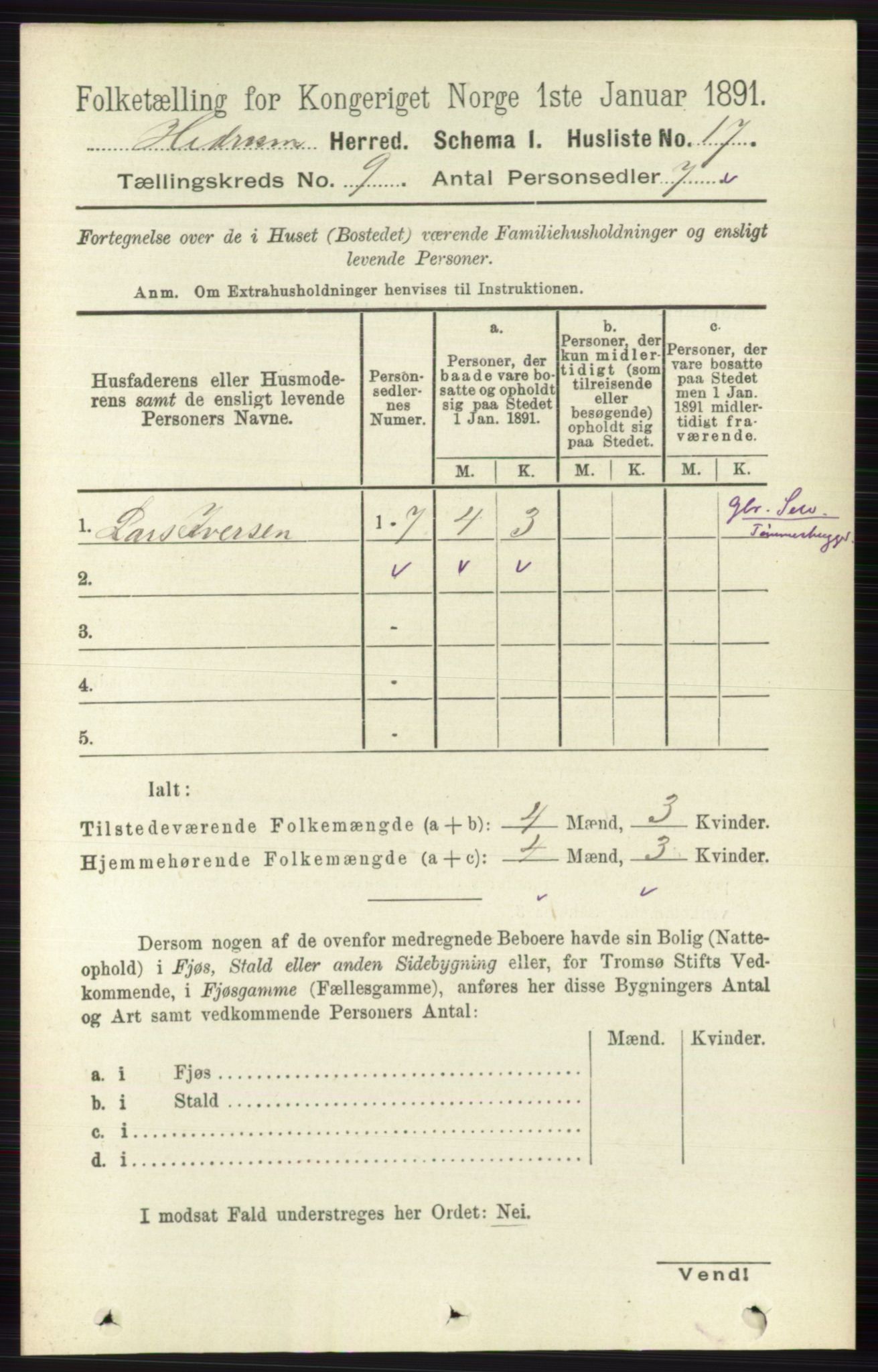 RA, 1891 census for 0727 Hedrum, 1891, p. 3865