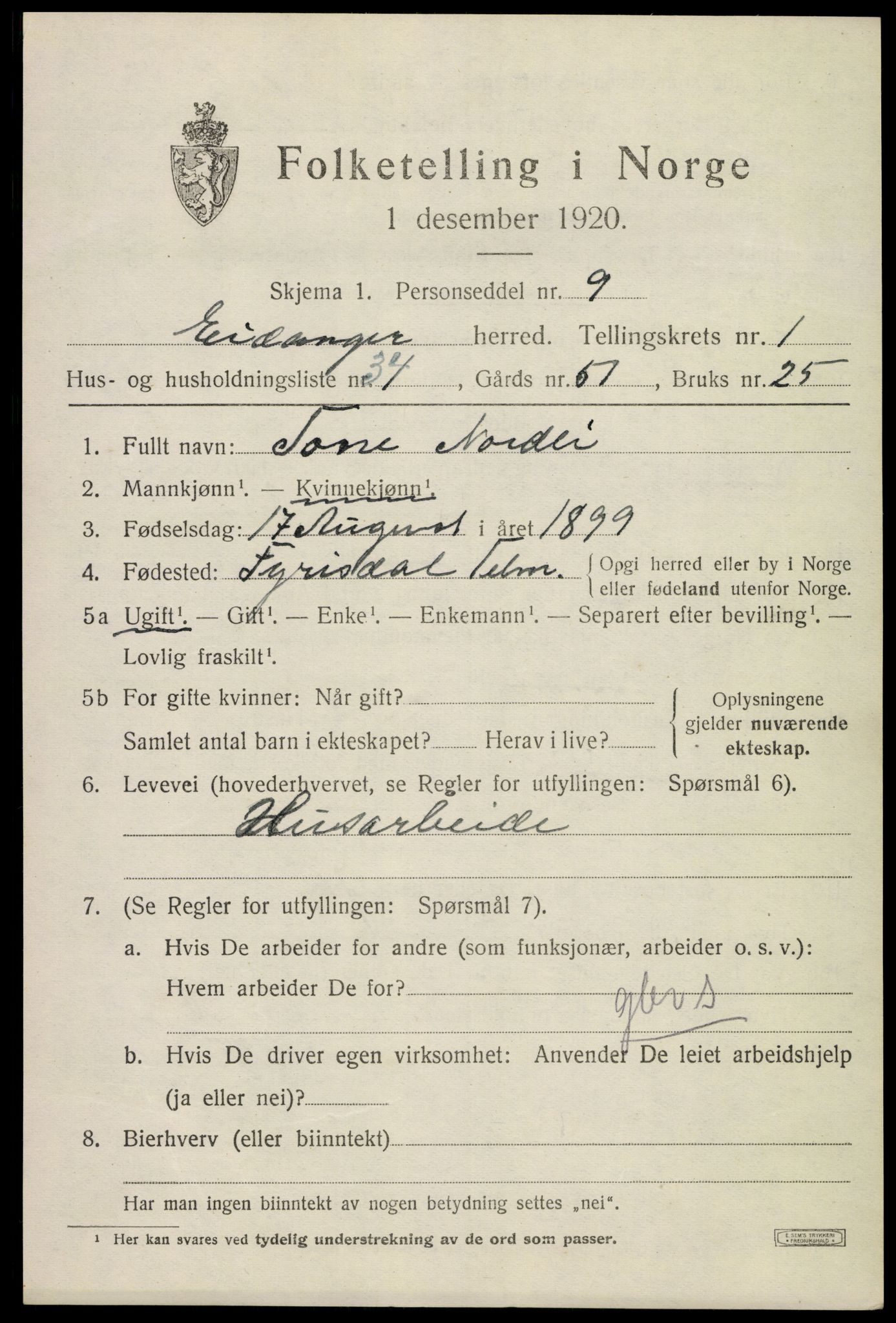 SAKO, 1920 census for Eidanger, 1920, p. 2014
