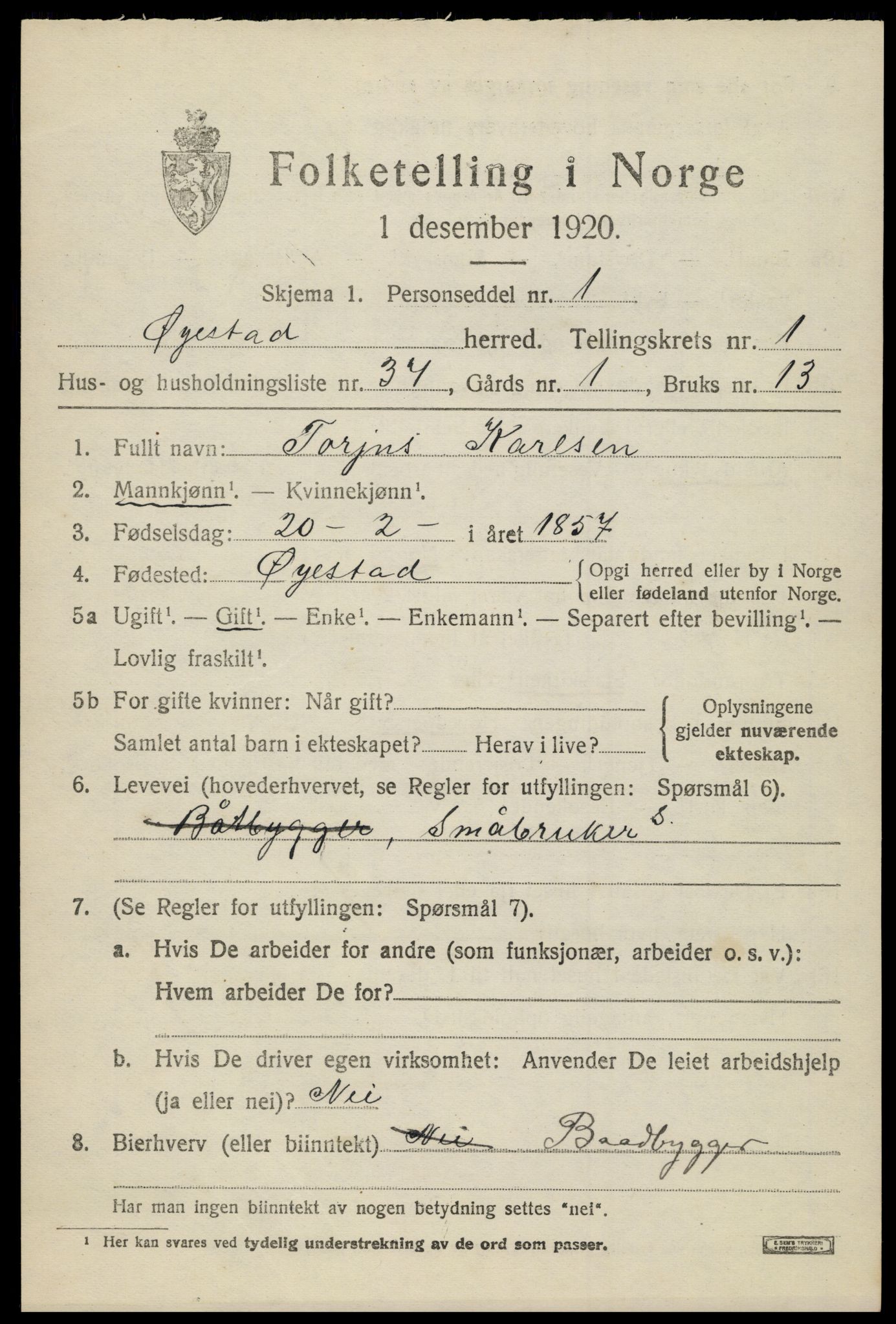 SAK, 1920 census for Øyestad, 1920, p. 2226