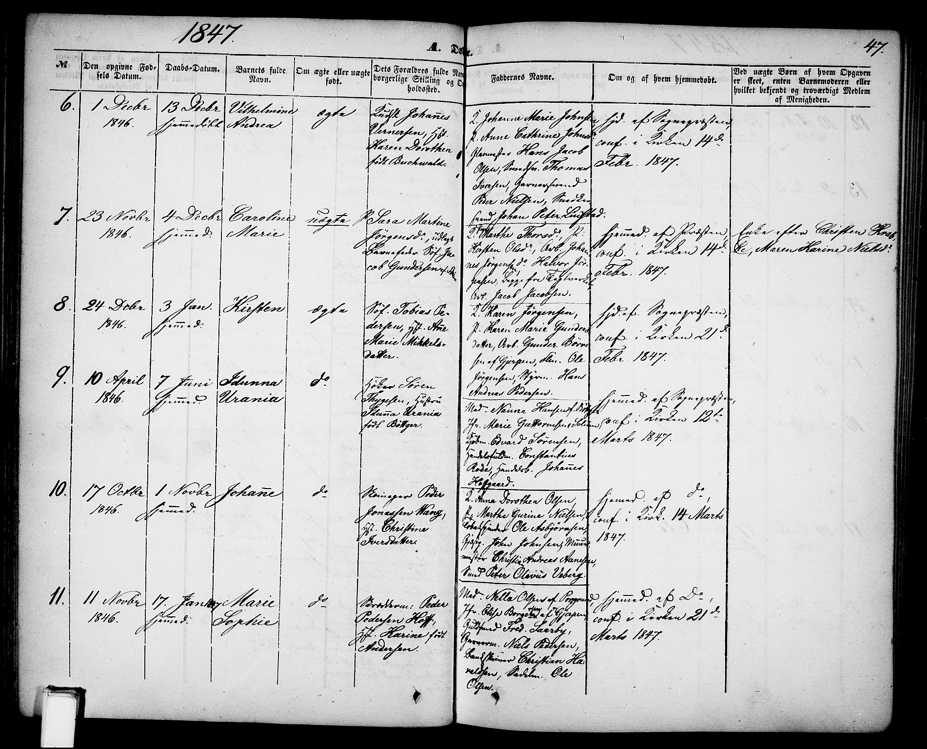 Skien kirkebøker, AV/SAKO-A-302/G/Ga/L0004: Parish register (copy) no. 4, 1843-1867, p. 47