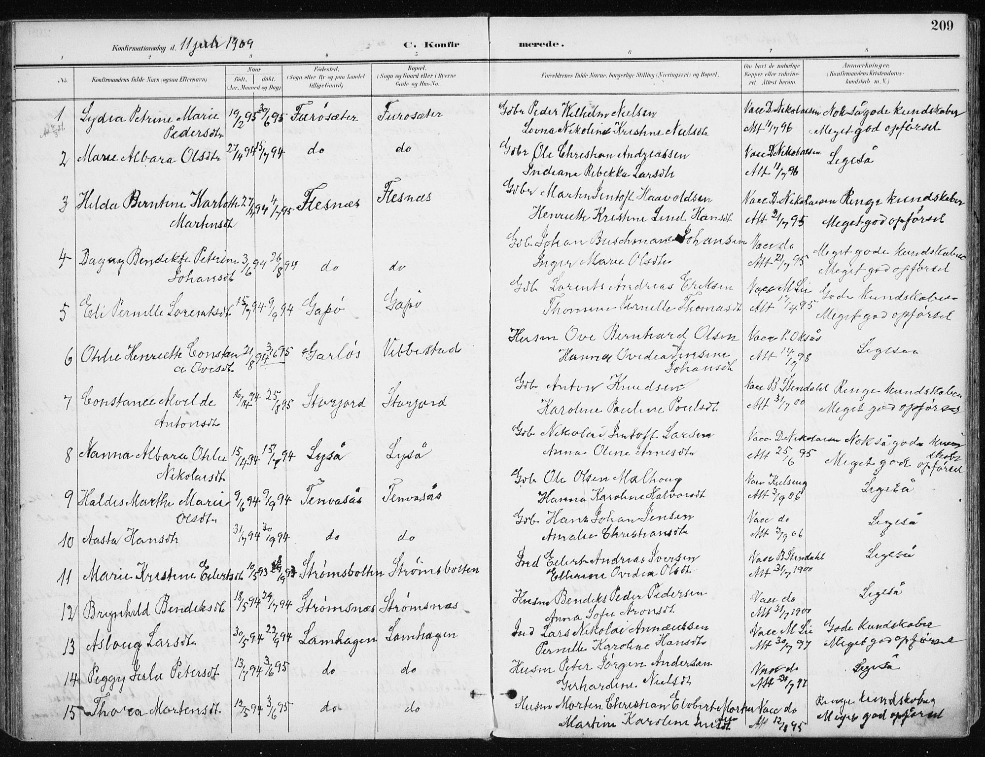 Kvæfjord sokneprestkontor, AV/SATØ-S-1323/G/Ga/Gaa/L0006kirke: Parish register (official) no. 6, 1895-1914, p. 209