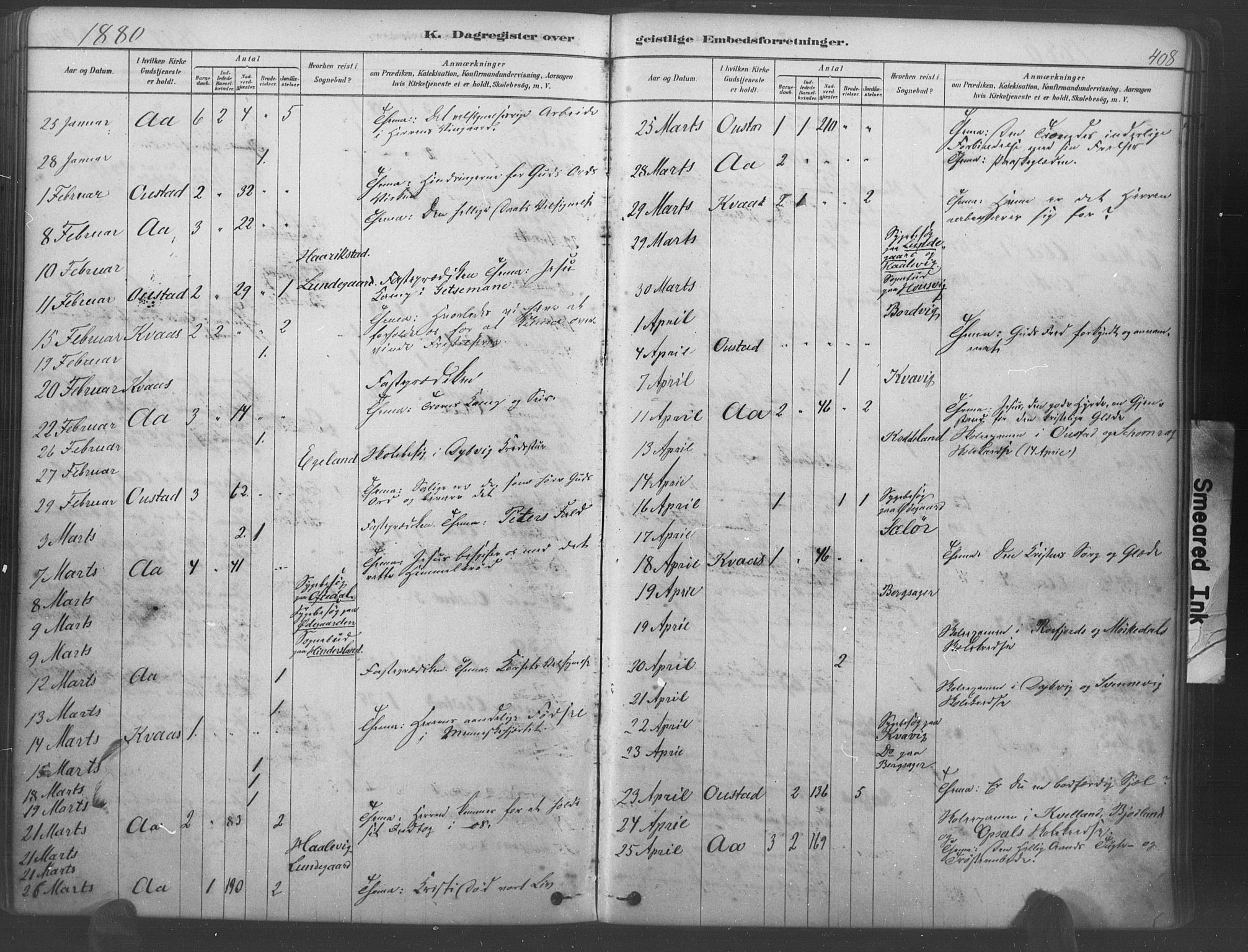 Lyngdal sokneprestkontor, AV/SAK-1111-0029/F/Fa/Fac/L0011: Parish register (official) no. A 11, 1878-1893, p. 408