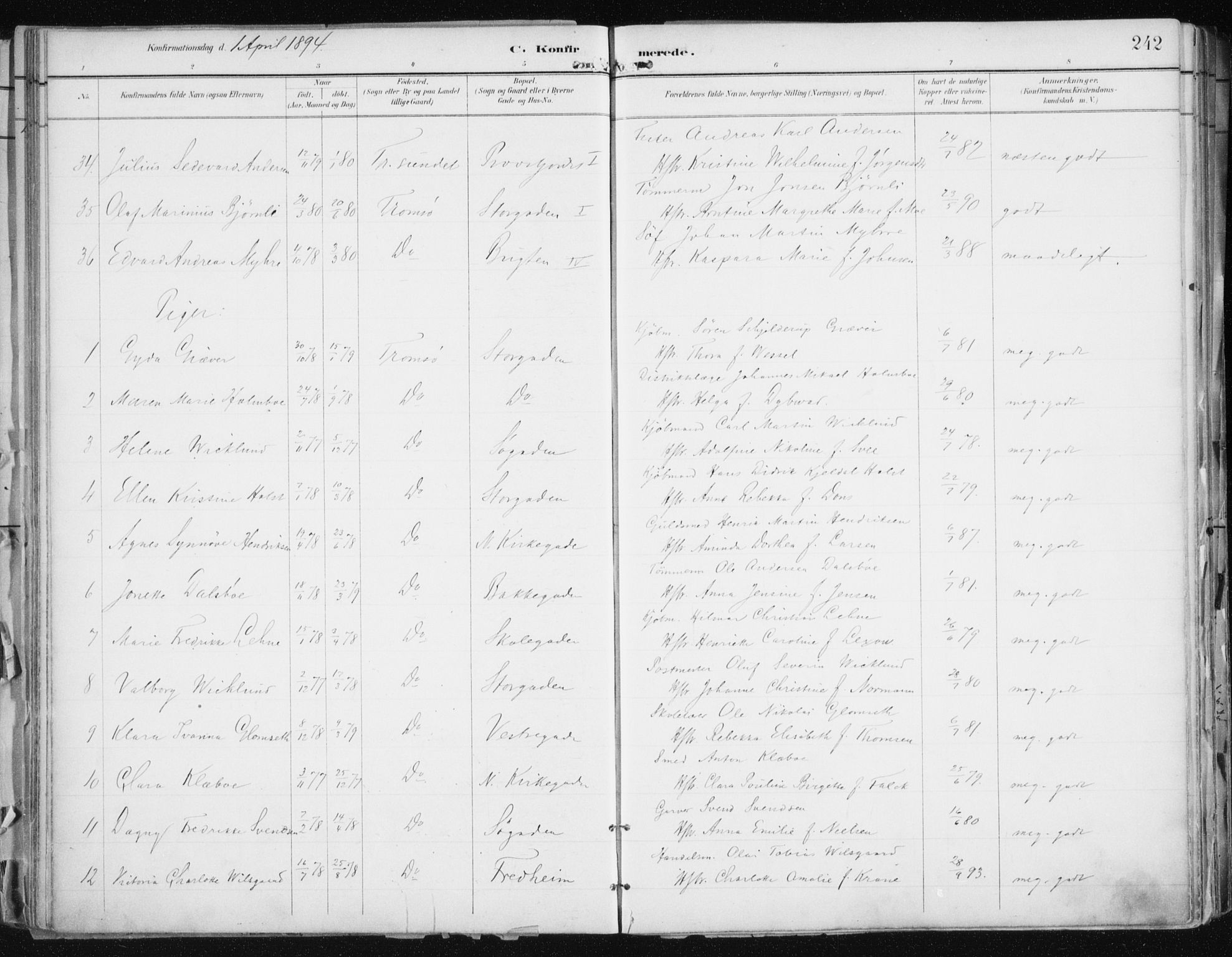 Tromsø sokneprestkontor/stiftsprosti/domprosti, AV/SATØ-S-1343/G/Ga/L0015kirke: Parish register (official) no. 15, 1889-1899, p. 242