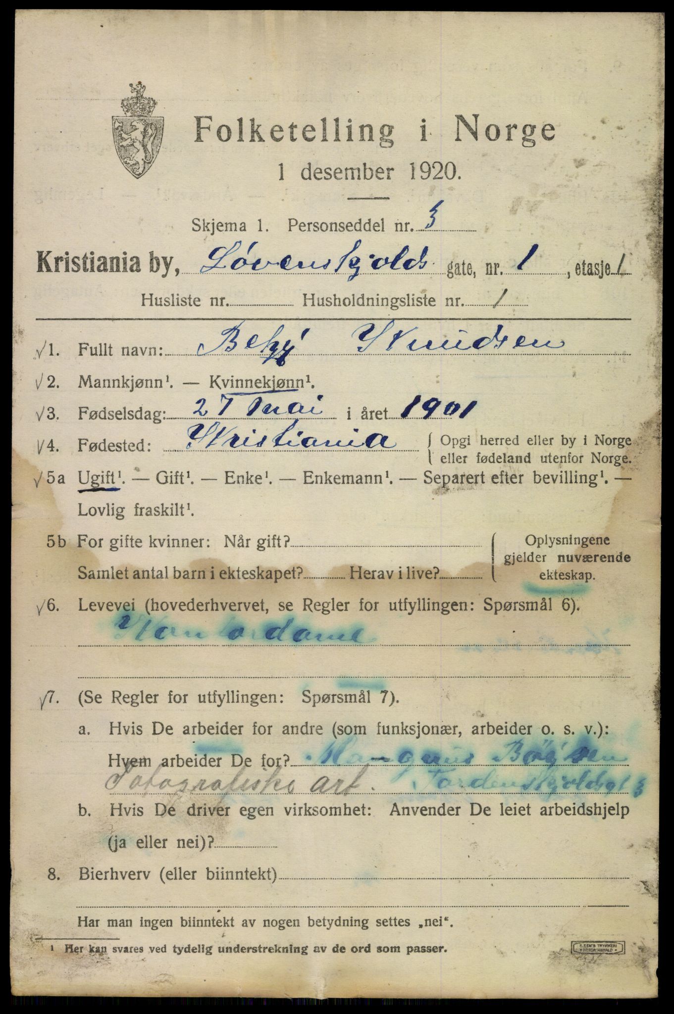 SAO, 1920 census for Kristiania, 1920, p. 367951