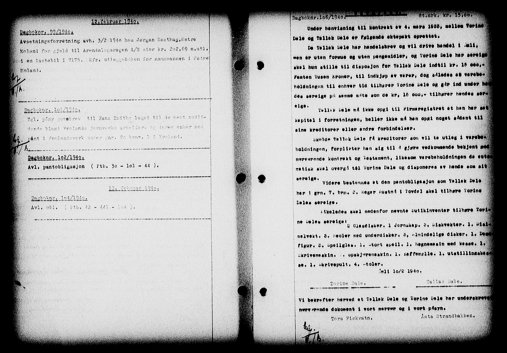 Nedenes sorenskriveri, SAK/1221-0006/G/Gb/Gba/L0047: Mortgage book no. A-I, 1939-1940, Diary no: : 106/1940