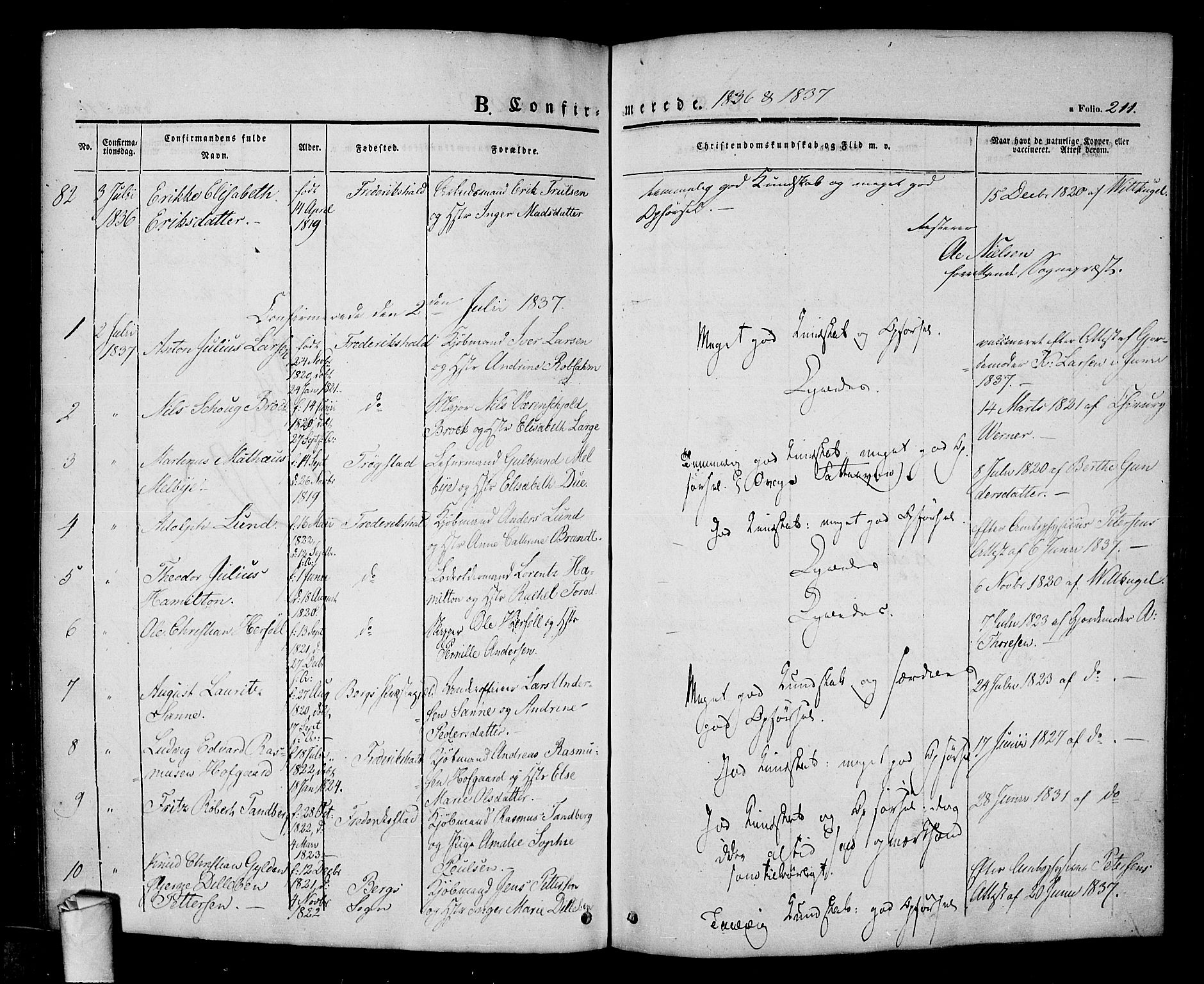 Halden prestekontor Kirkebøker, AV/SAO-A-10909/F/Fa/L0005: Parish register (official) no. I 5, 1834-1845, p. 211